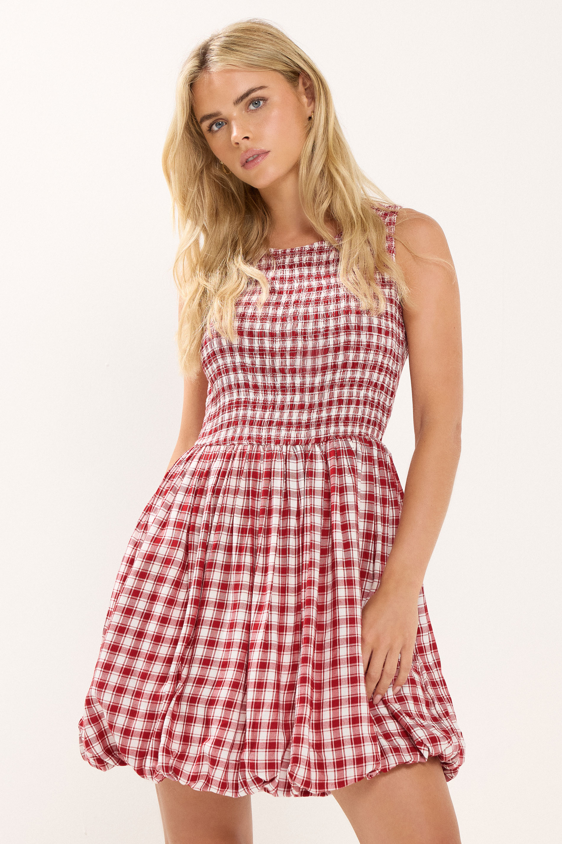 PixieGirl Petite Women's Red Gingham Shirred Bubble Hem Mini Dress | PixieGirl 3