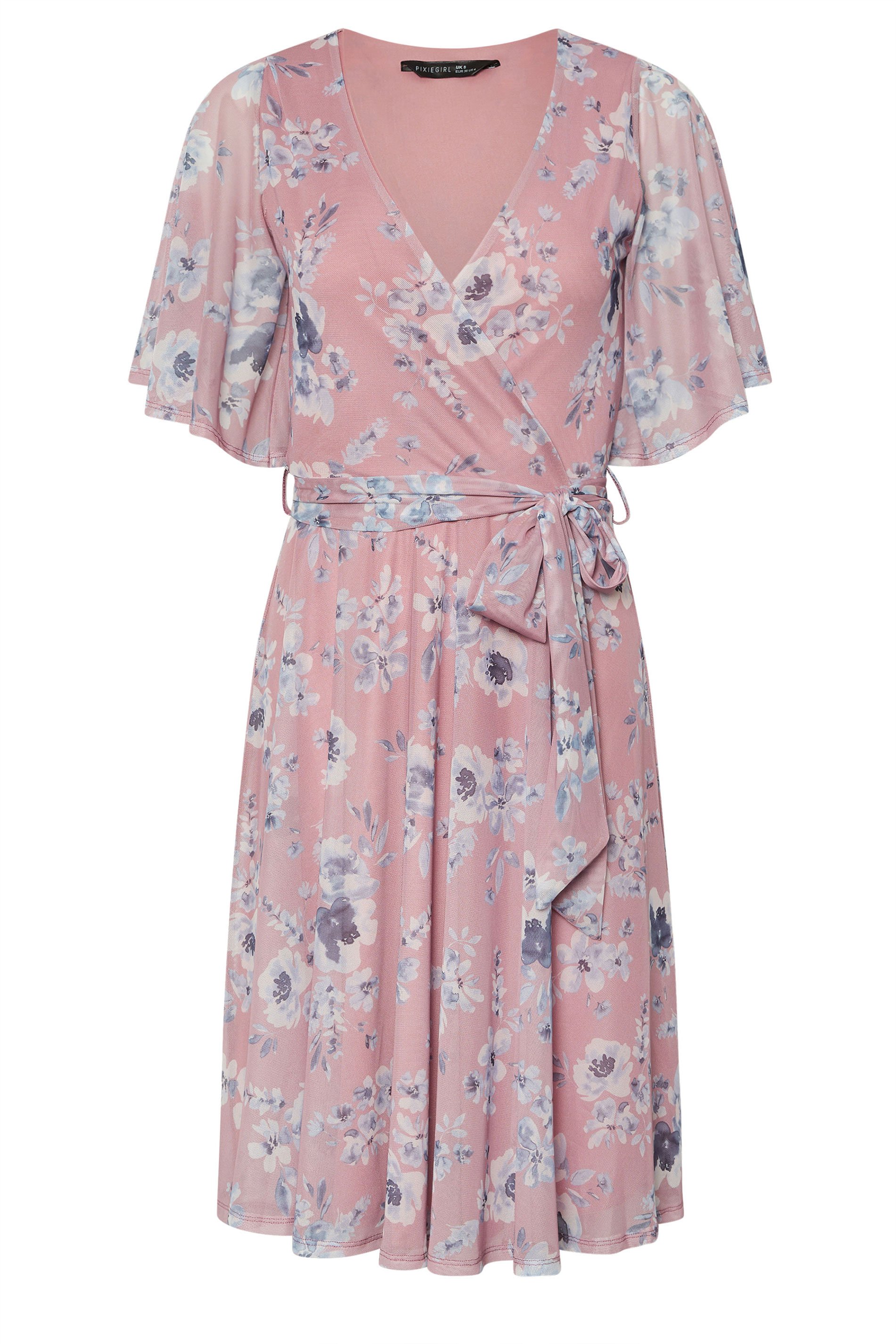 PixieGirl Petite Women's Blush Pink Mesh Floral Wrap Midi Dress | PixieGirl 5