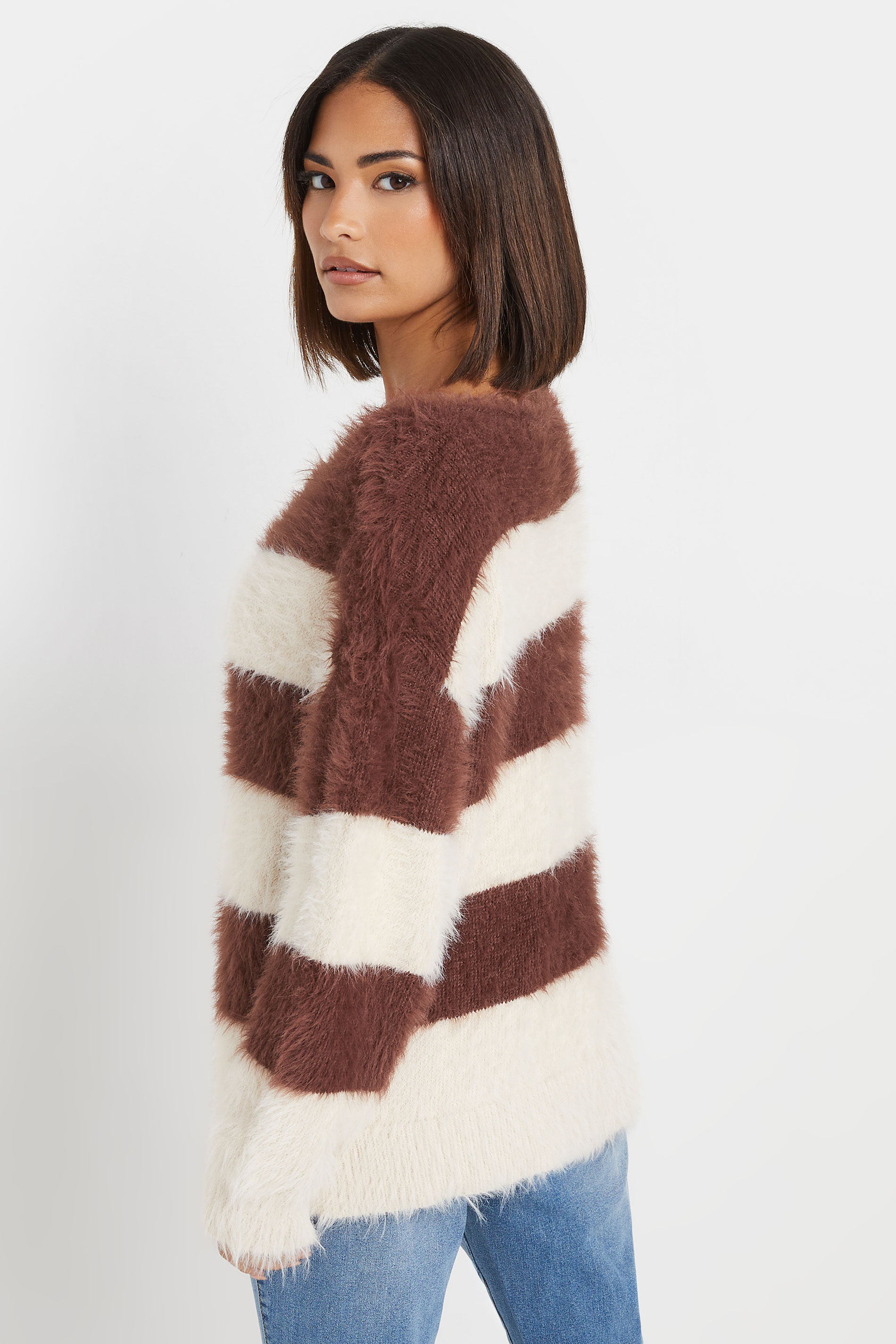 PixieGirl Petite Women's Brown Stripe Fluffy Knitted Jumper | PixieGirl 3