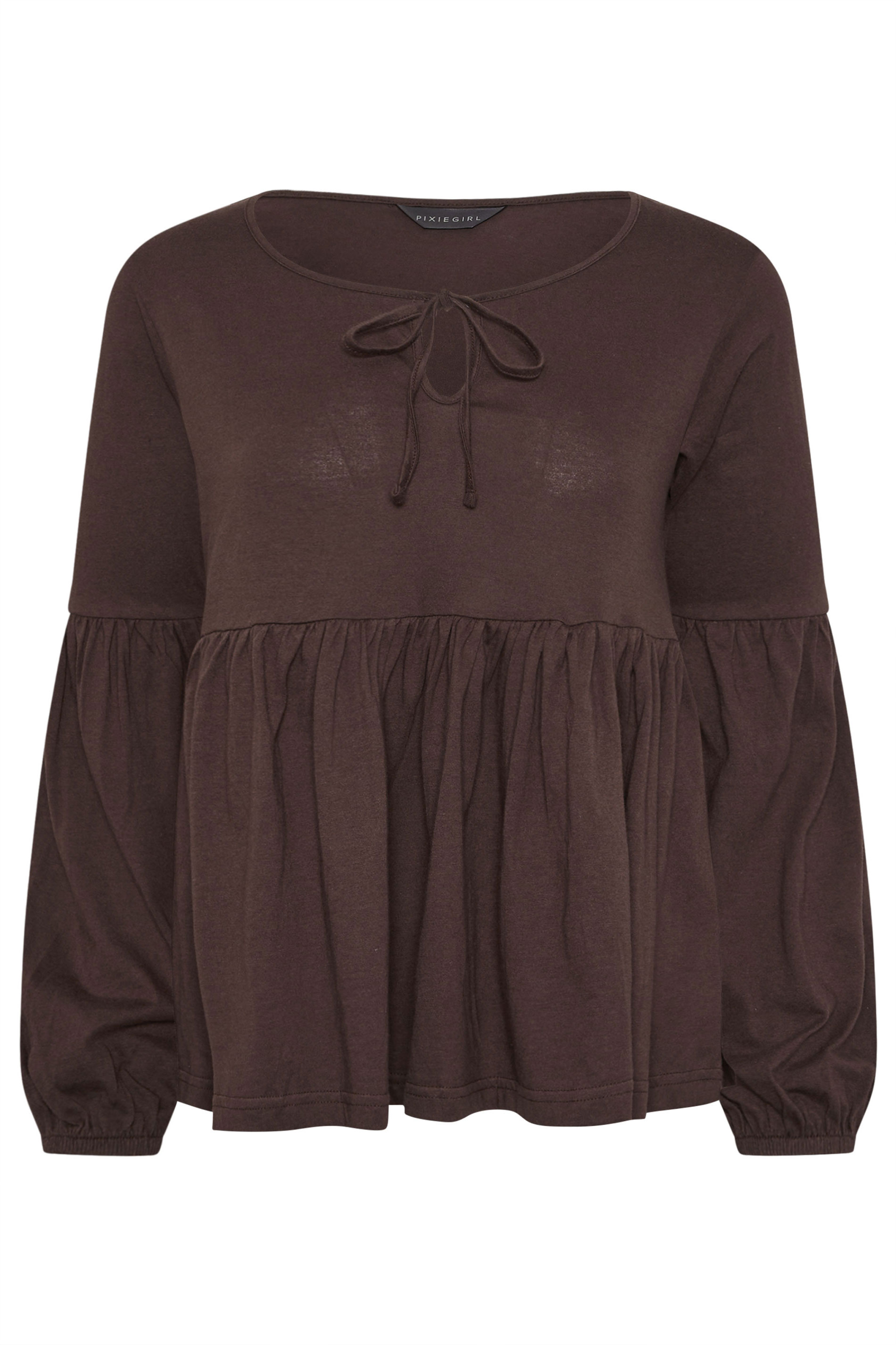 PixieGirl Petite Women's Chocolate Brown Tie Front Smock Top | PixieGirl 5