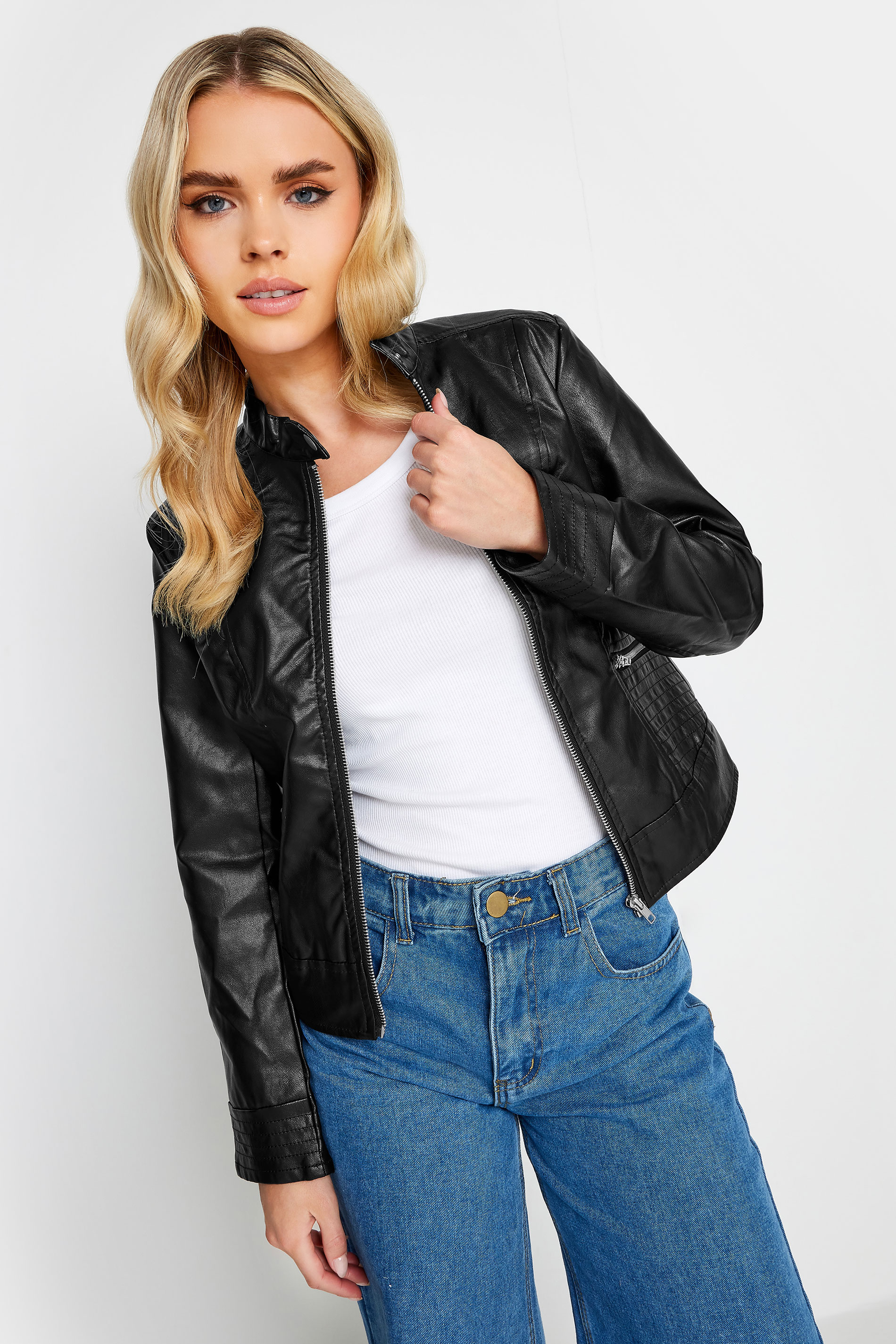 Petite Black Collarless Faux Leather Jacket | PixieGirl 1