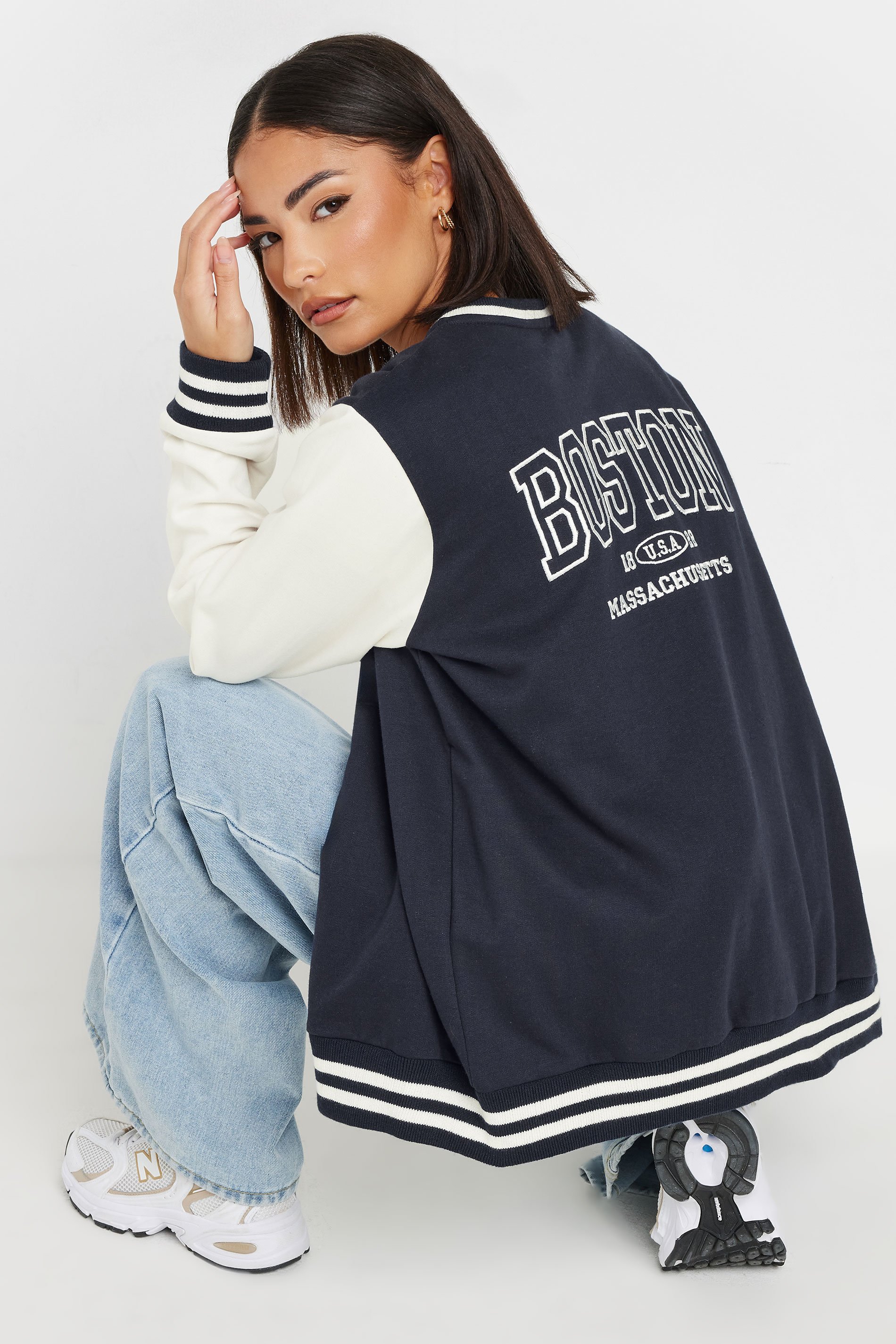 PixieGirl Petite Women's Navy Blue 'Boston' Slogan Varsity Bomber Jacket | PixieGirl 4