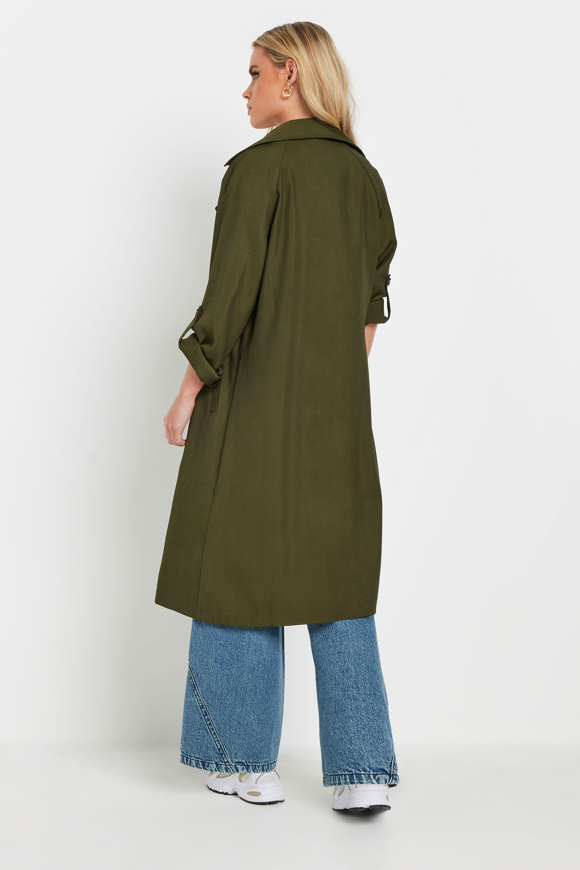 PixieGirl Petite Womens's Khaki Green Woven Lightweight Trench Coat | PixieGirl 3
