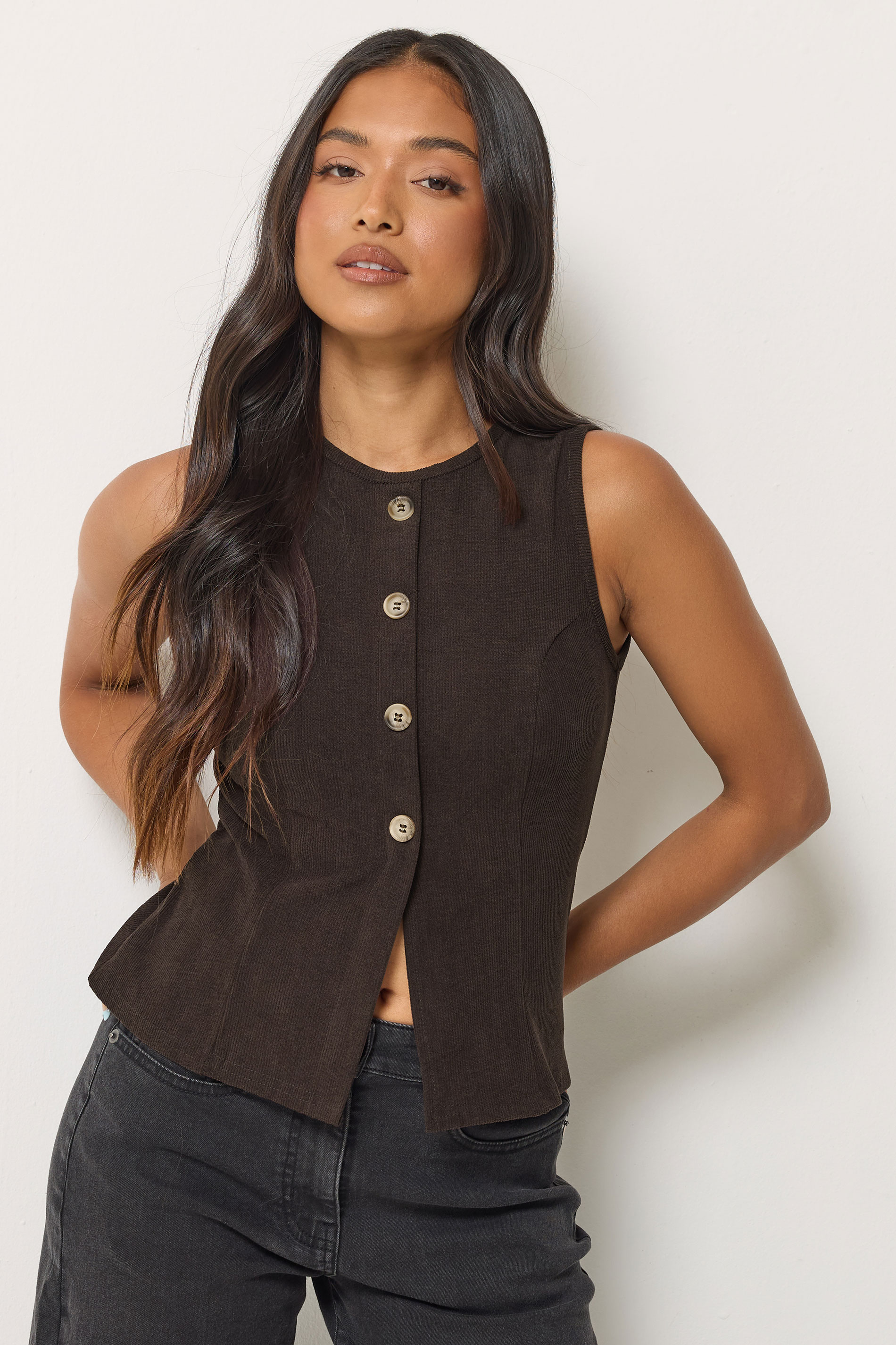 Pixiegirl Women's Brown Petite Chocolate Cord Button Front Top Size 12