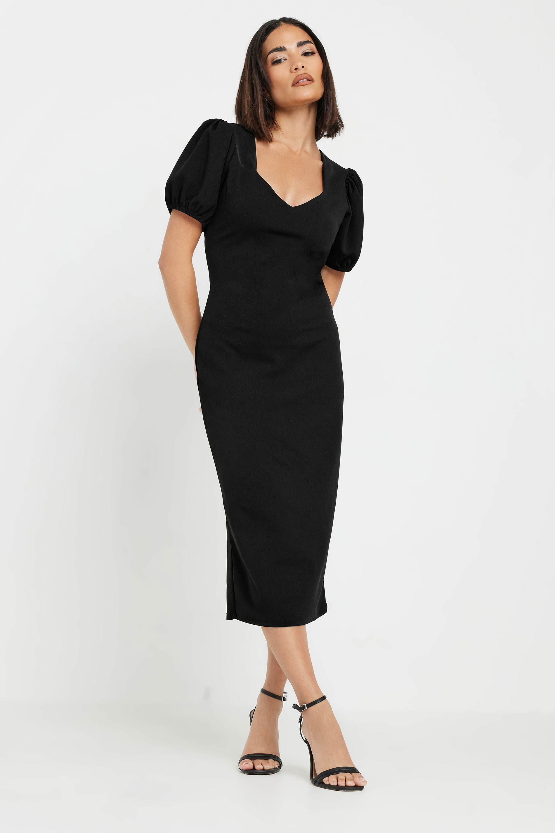 PixieGirl Petite Women's Black Puff Sleeve Midi Dress | PixieGirl 1