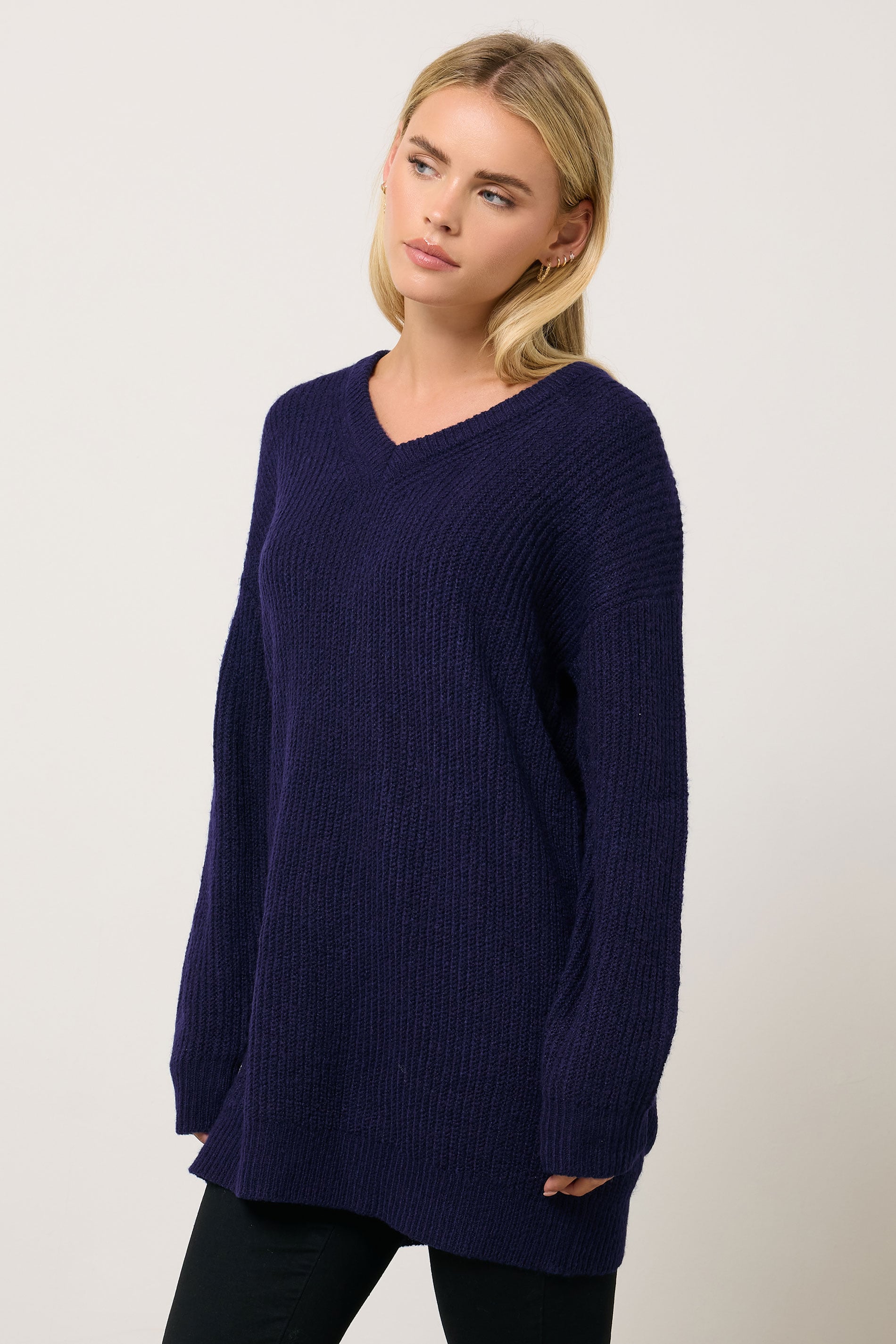 M&Co Petite Navy Blue V-Neck Tunic Jumper | M&Co  1