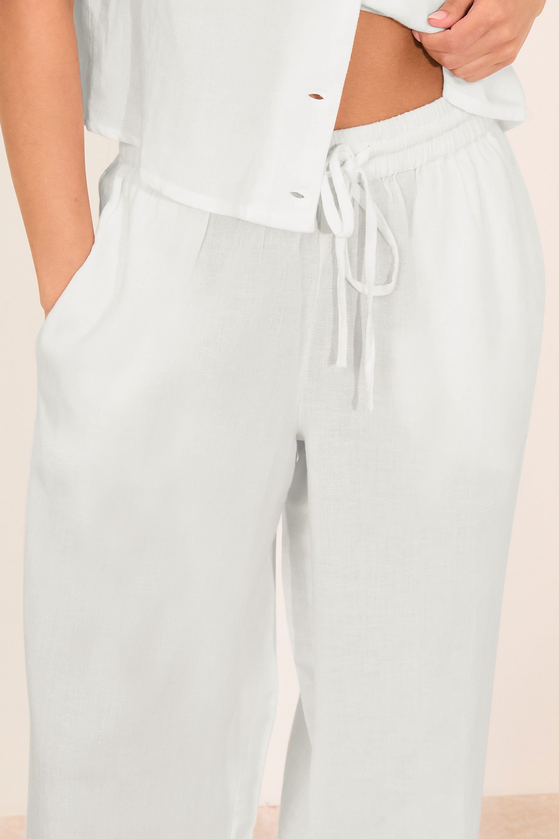 PixieGirl Petite Women's White Linen Drawstring Wide Leg Trousers | PixieGirl 4