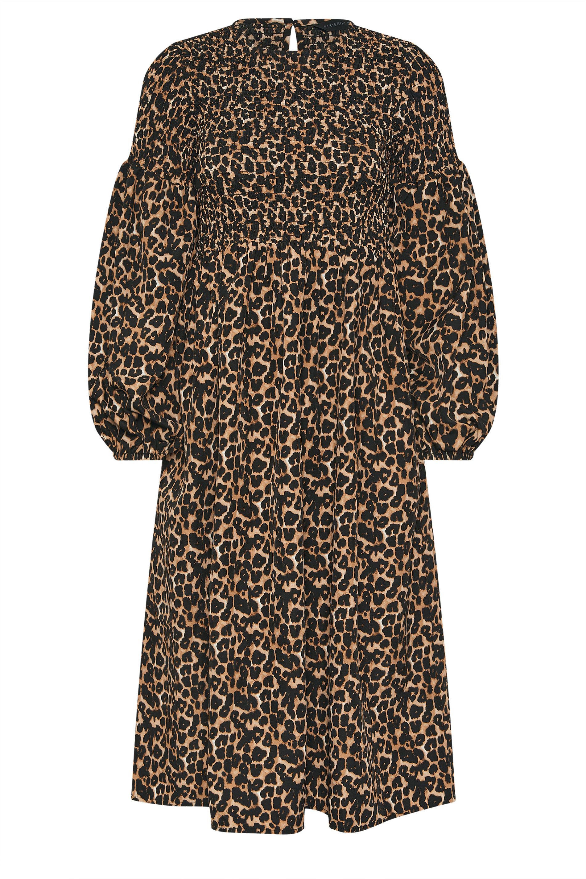 PixieGirl Petite Women's Brown Animal Shirred Puff Sleeve Maxi Dress | PixieGirl 5