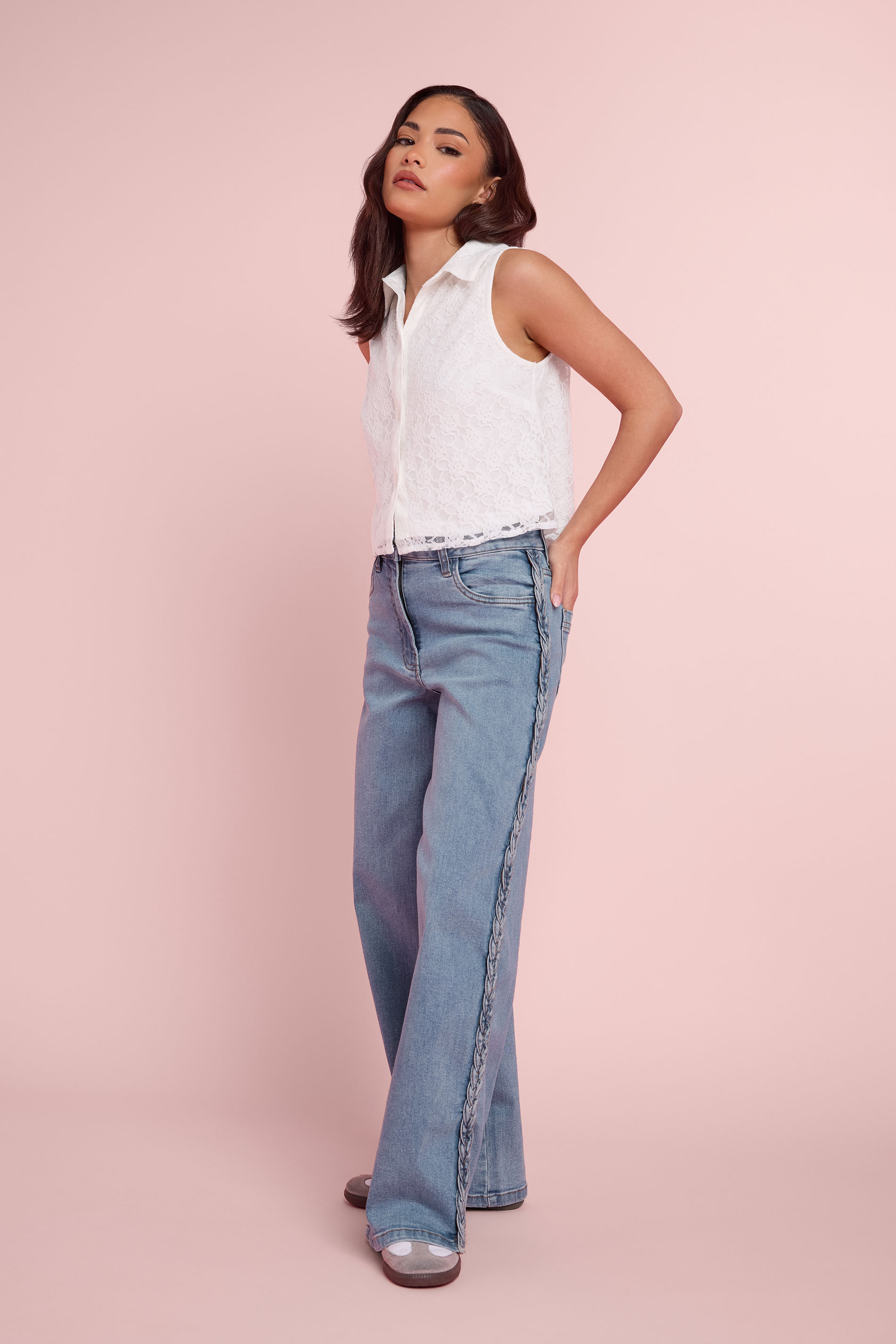 Pixiegirl Women's Blue Petite Mid Plait Detail Wide Leg Jeans Size Petite > 18