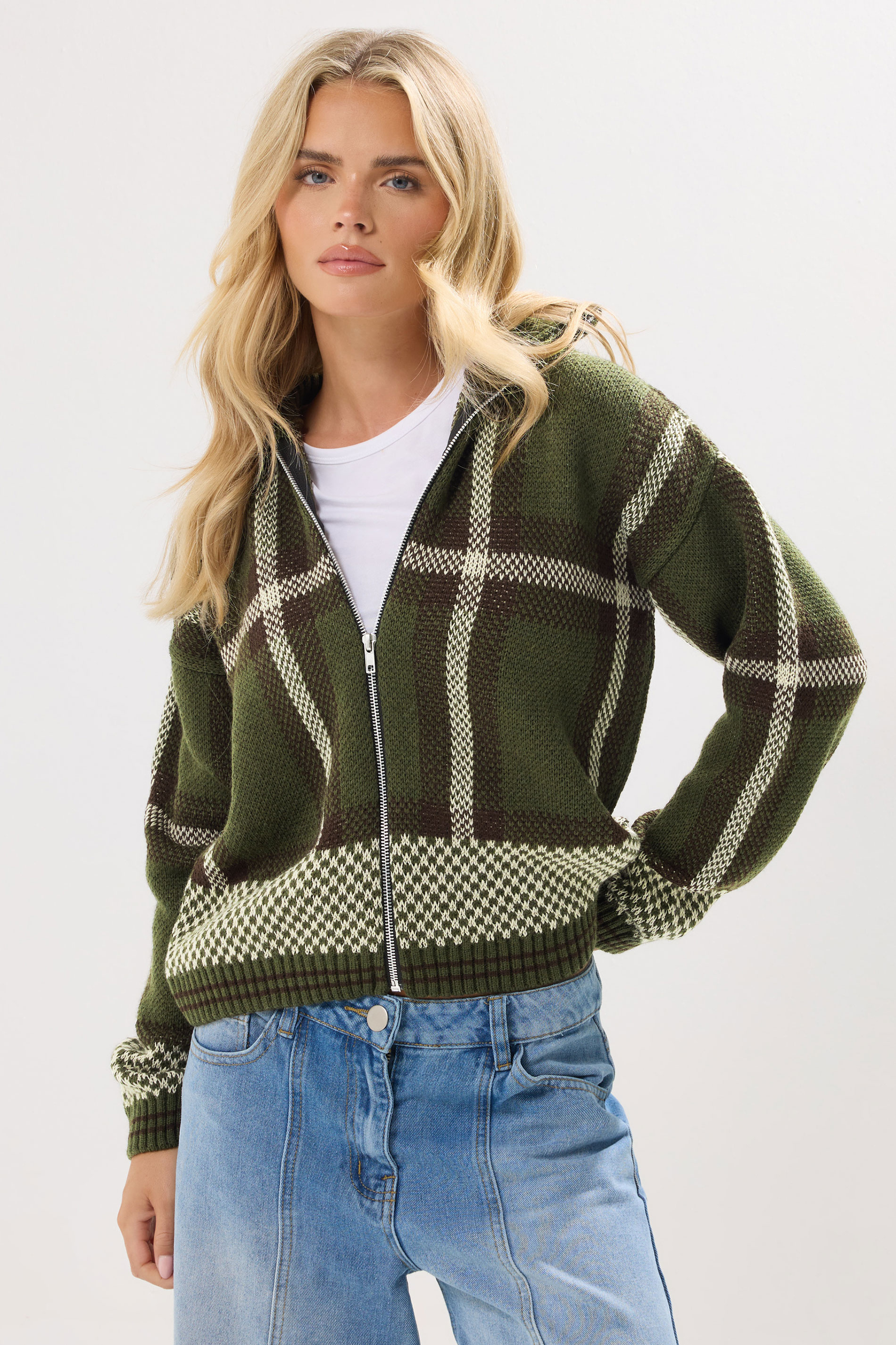 PixieGirl Petite Women's Green Knitted Check Zip Cardigan | PixieGirl 1