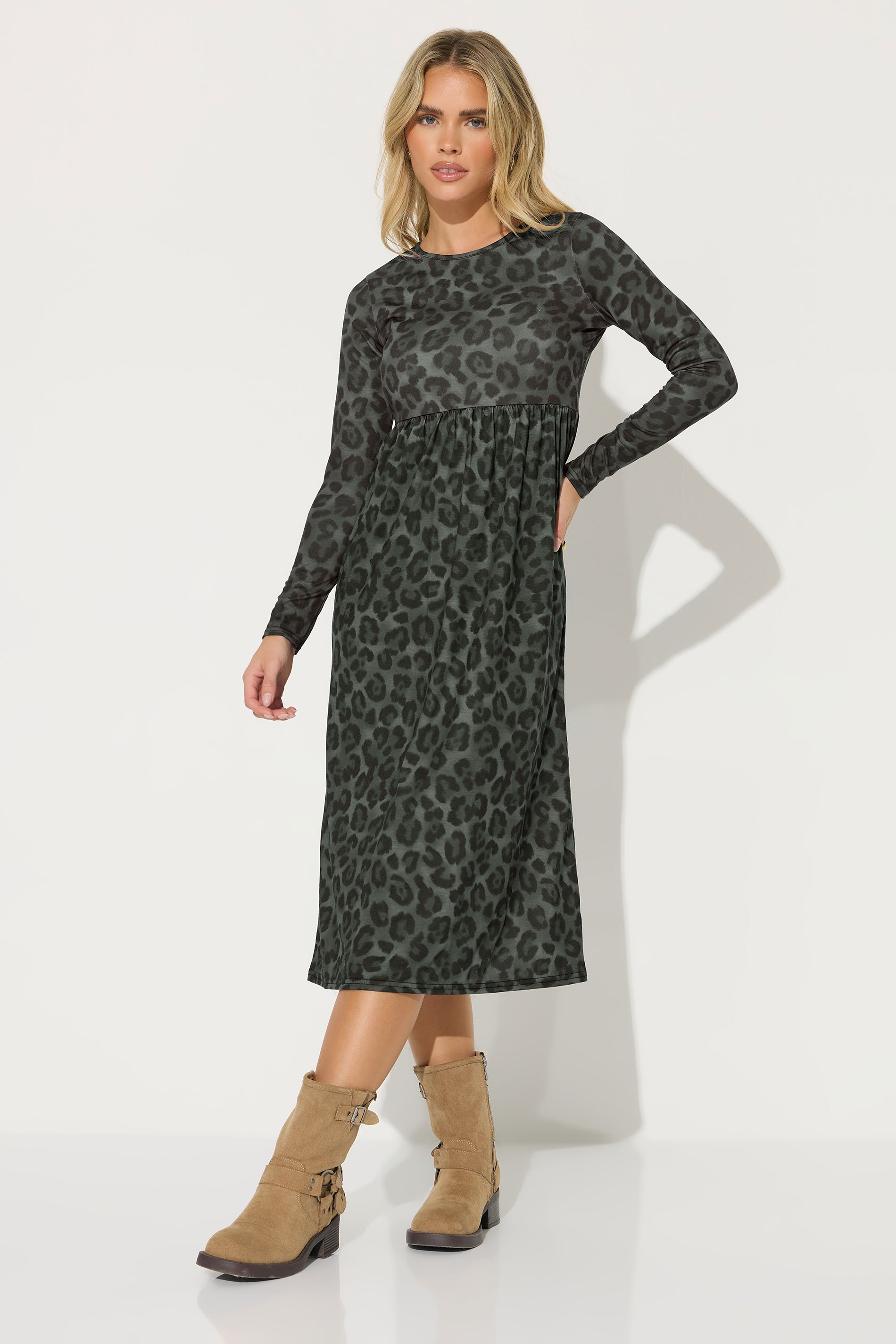 PixieGirl Petite Women's Khaki Green Leopard Print Smock Dress | PixieGirl 1