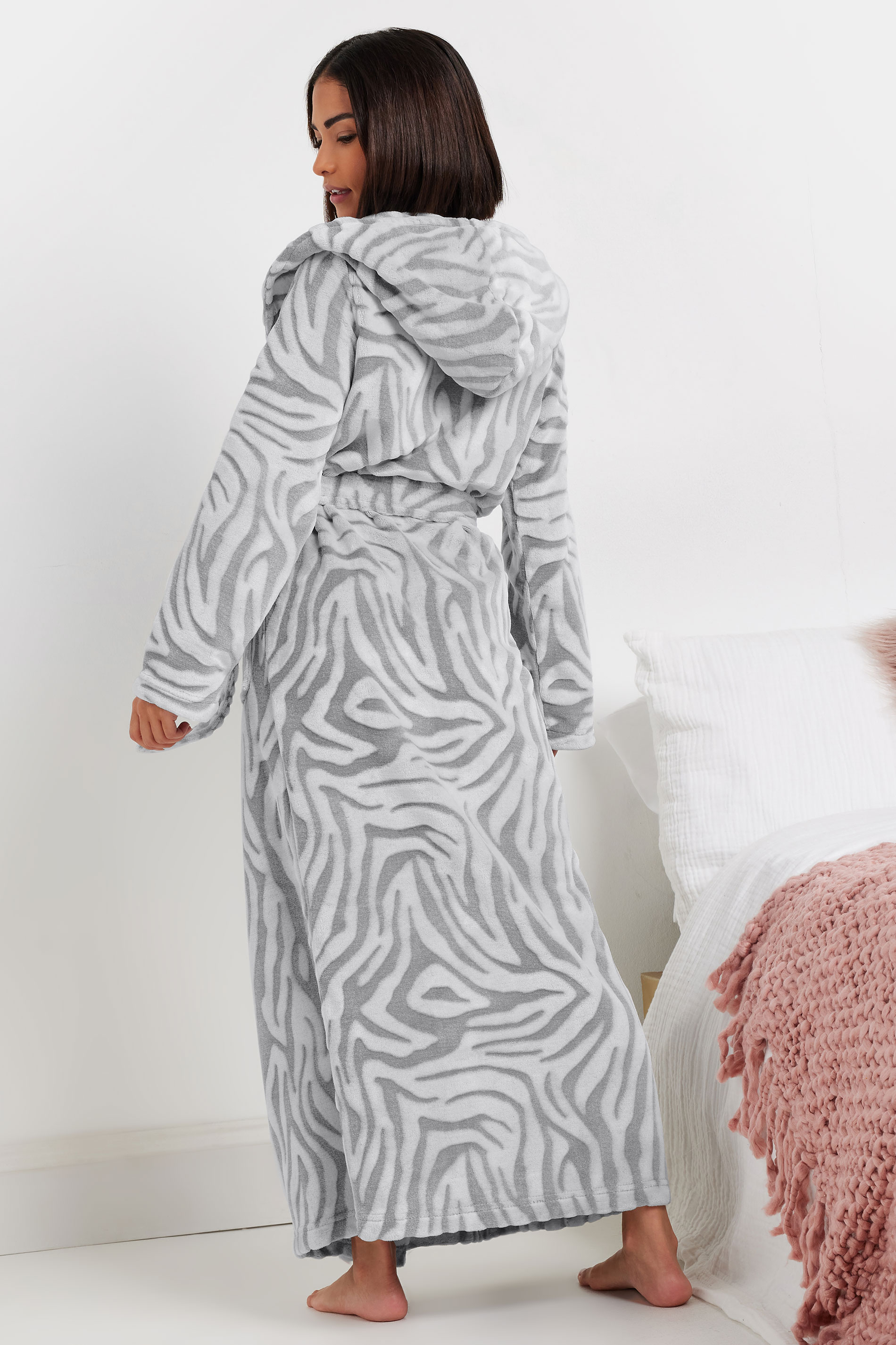 PixieGirl Petite Women's Grey Zebra Print Maxi Dressing Gown | PixieGirl 3