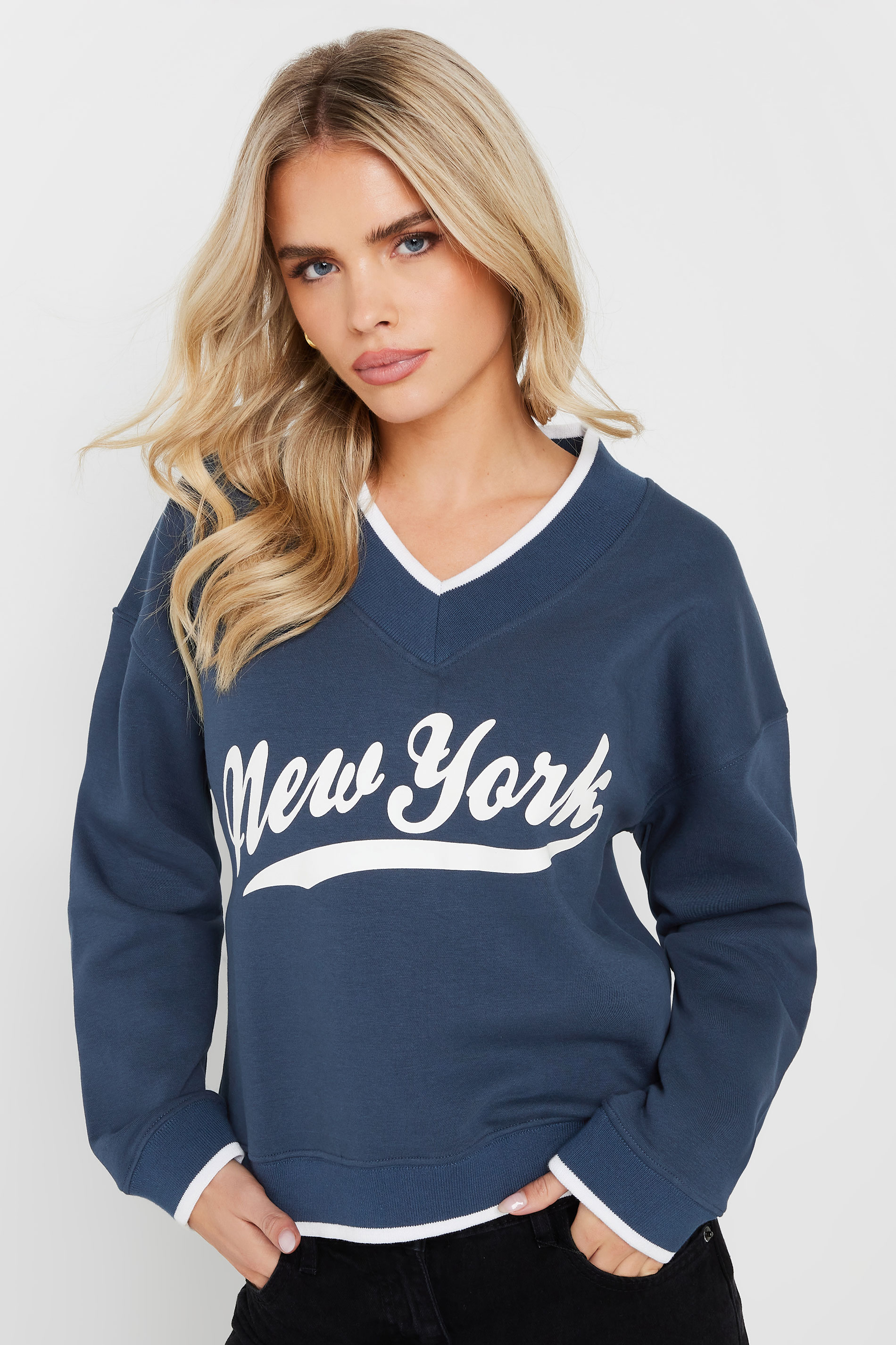 PixieGirl Petite Women's Navy Blue Slogan Varsity Sweatshirt | PixieGirl 1