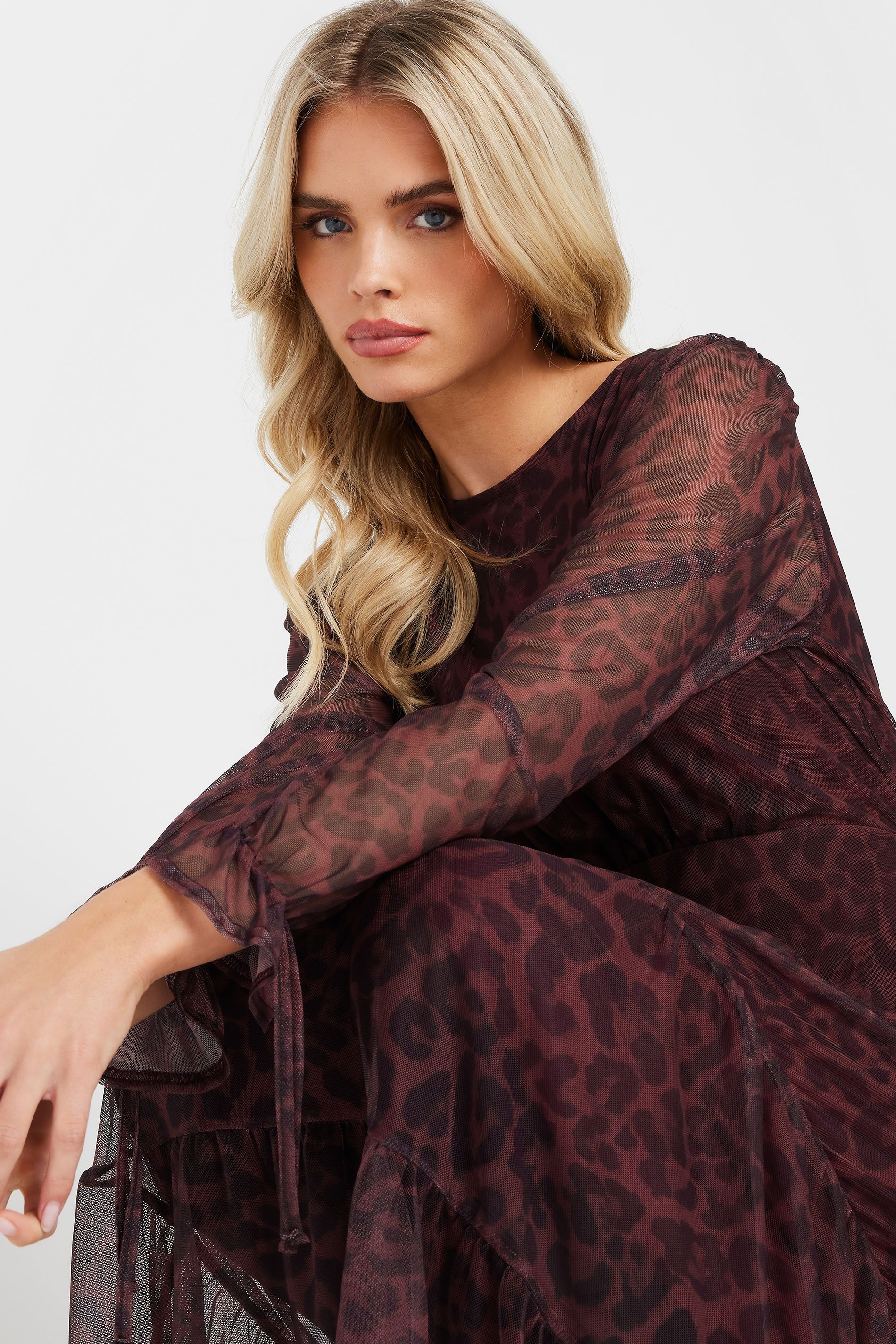 PixieGirl Petite Women's Burgundy Red Leopard Print Mesh Tiered Dress | PixieGirl 4