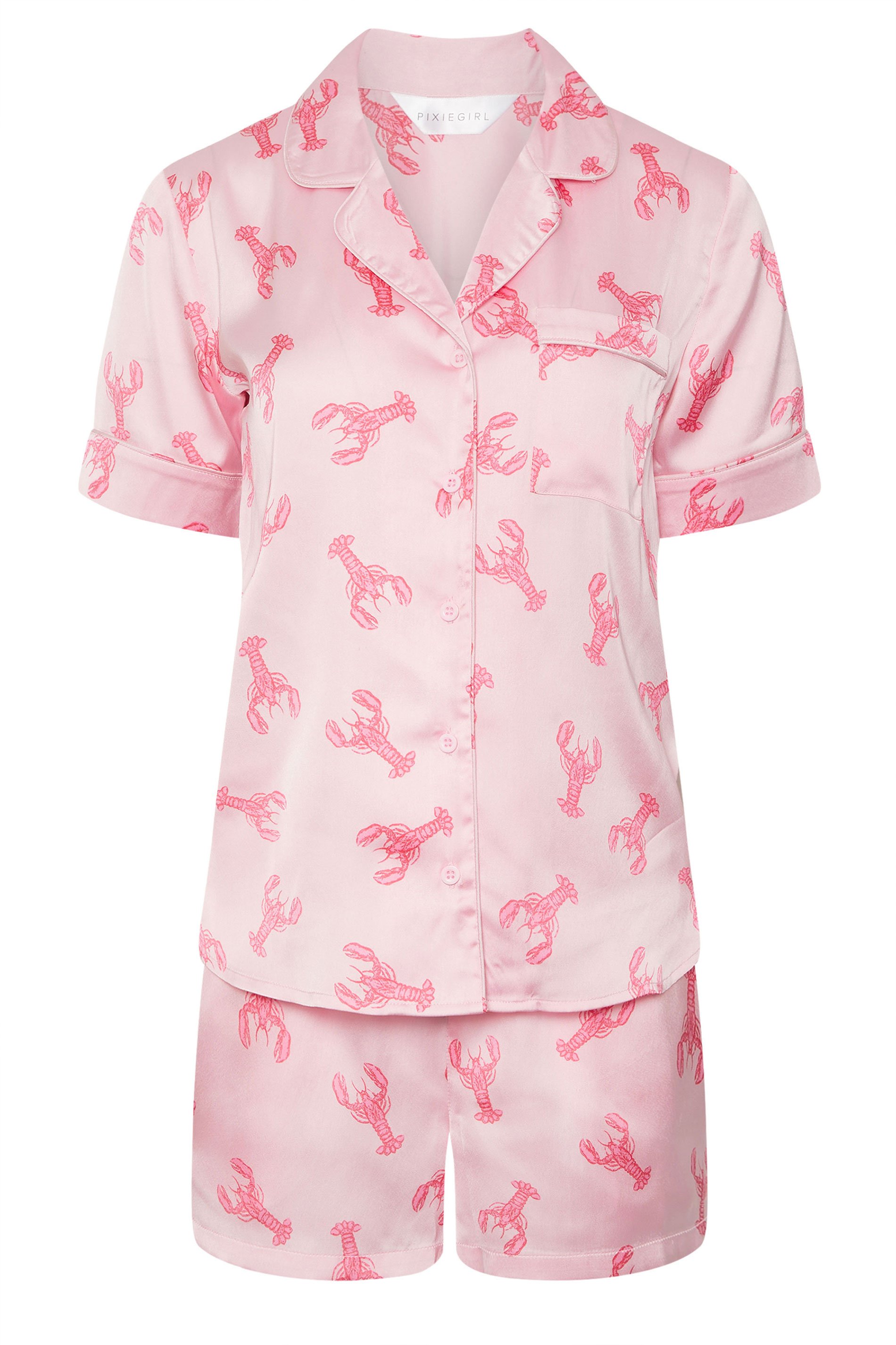 PixieGirl Petite Women's Pink Satin Lobster Graphic Short Pyjama Set | PixieGirl 6