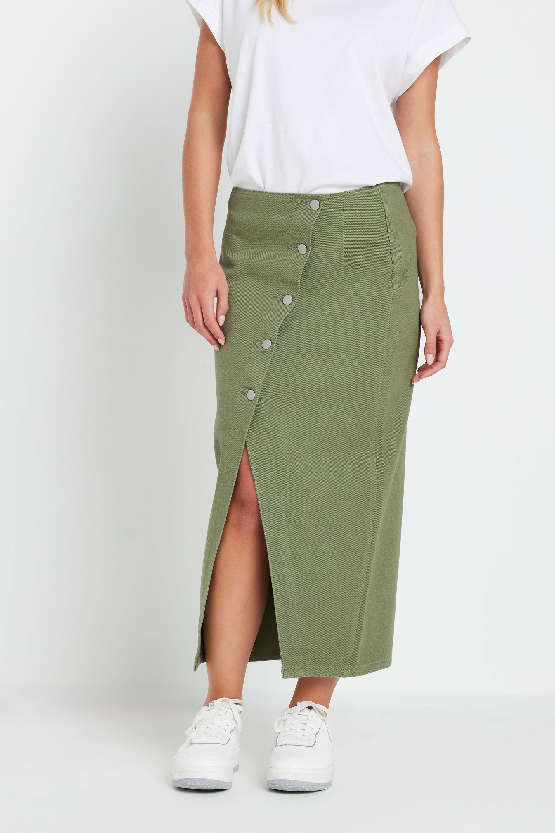 PixieGirl Petite Women's Khaki Green Denim Asymmetric Button Midi Skirt | PixieGirl 3