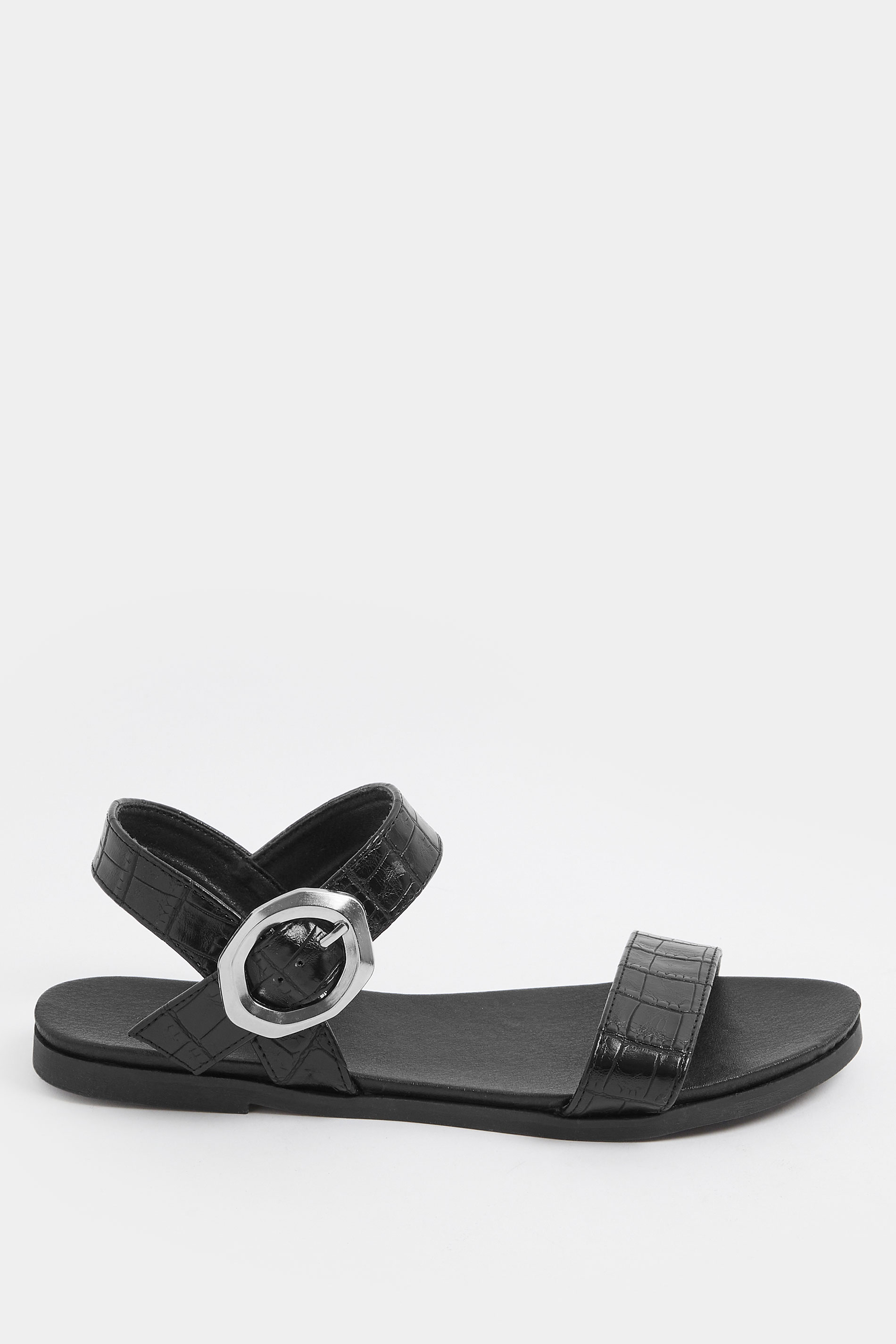 Black Croc Buckle Detail Sandals In Wide E Fit | Yours Clothing 2