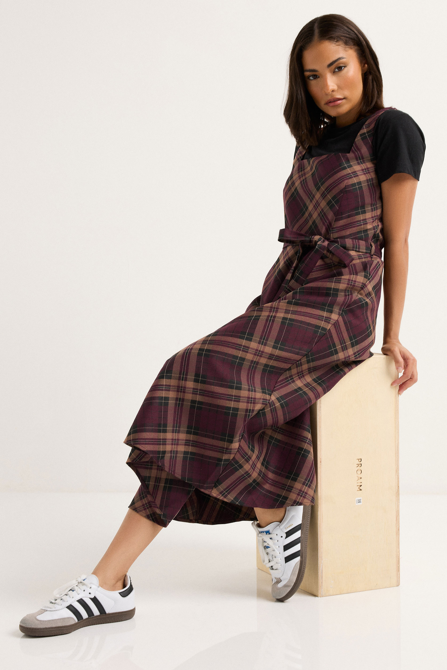 PixieGirl Petite Women's Burgundy Red Check Pinafore Midi Dress | PixieGirl 4