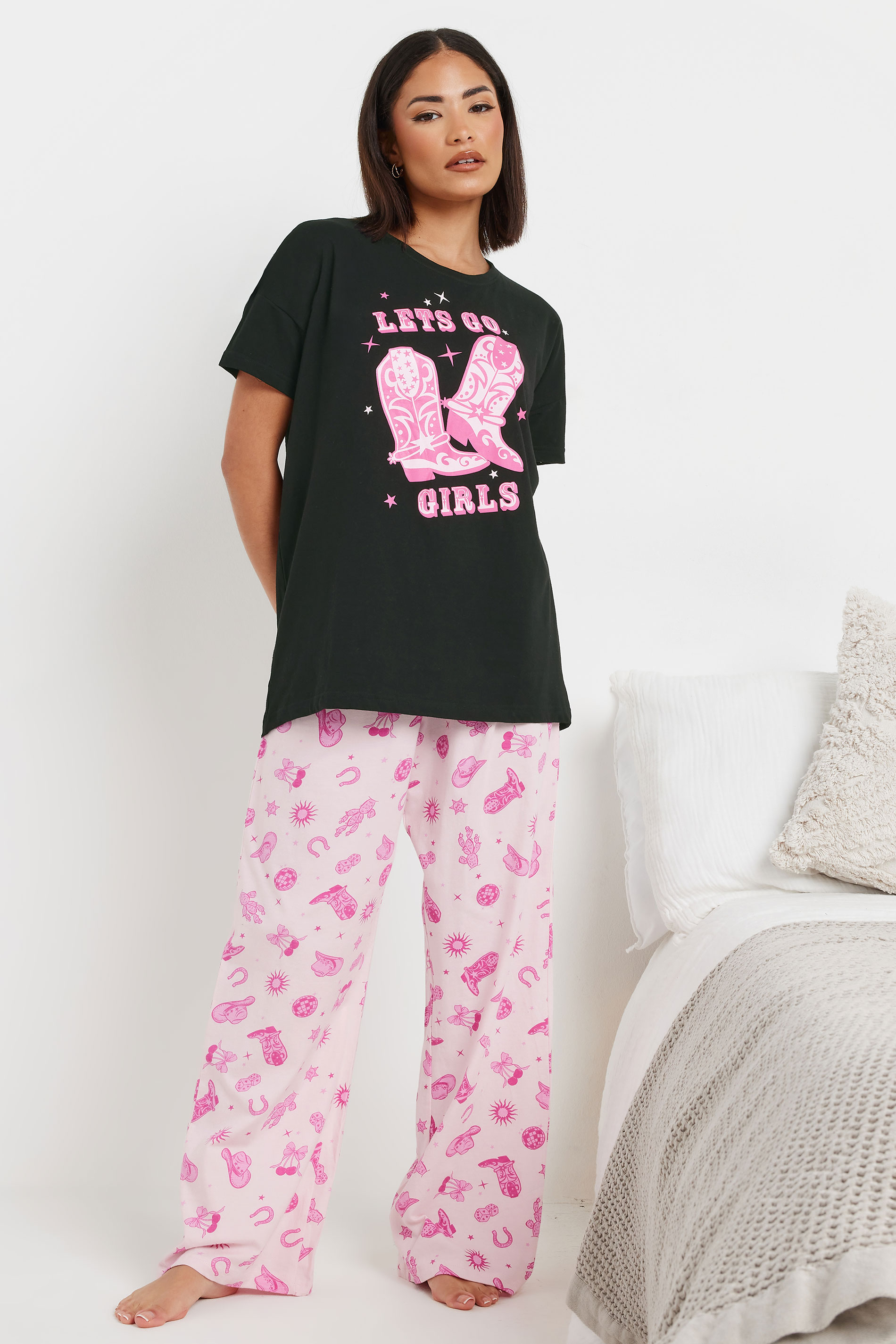 PixieGirl Petite Women's Hot Pink 'Let's Go Girls' Cowboy Slogan Pyjama Set | PixieGirl 1