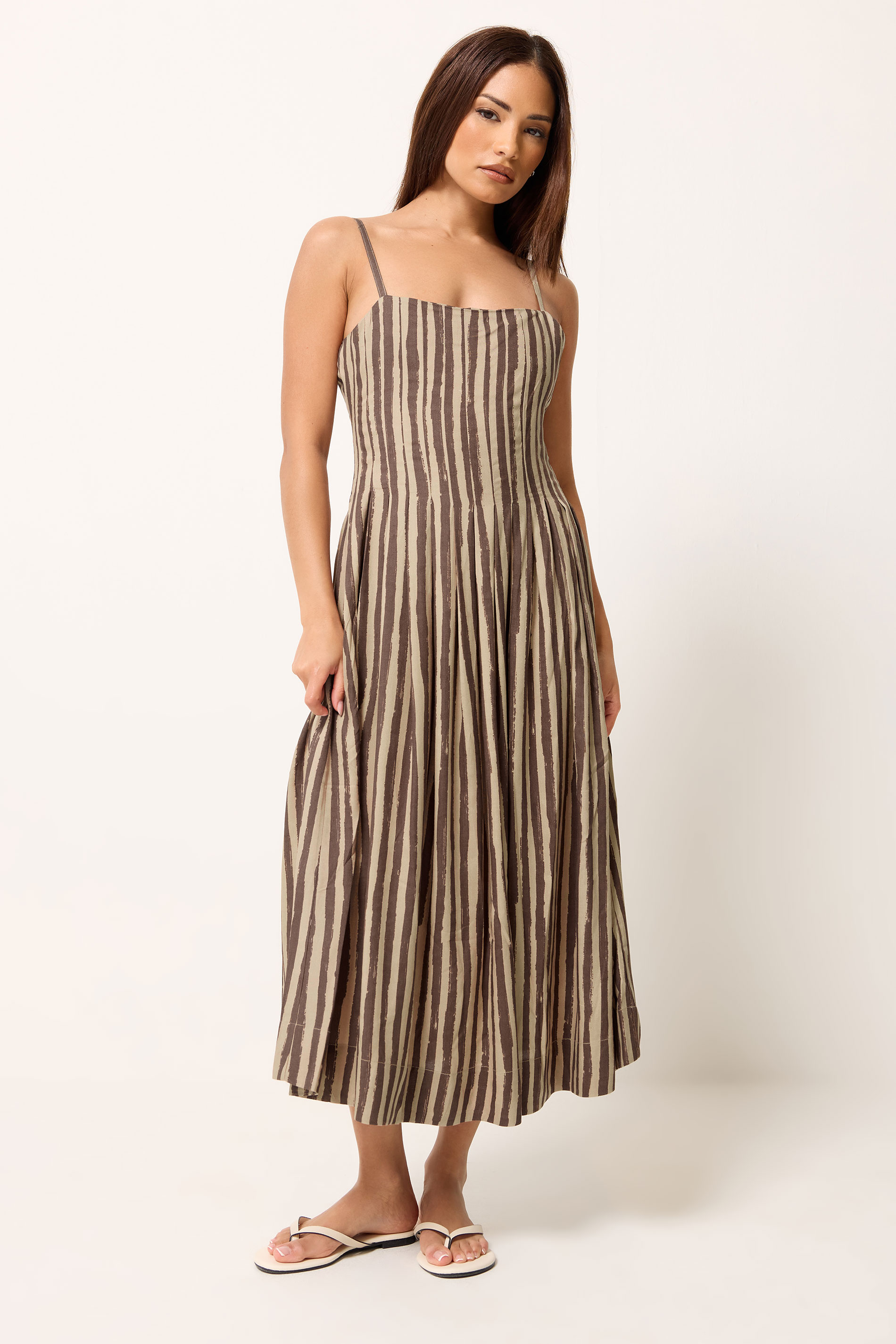 PixieGirl Petite Women's Brown Stripe Midi Dress | PixieGirl 1