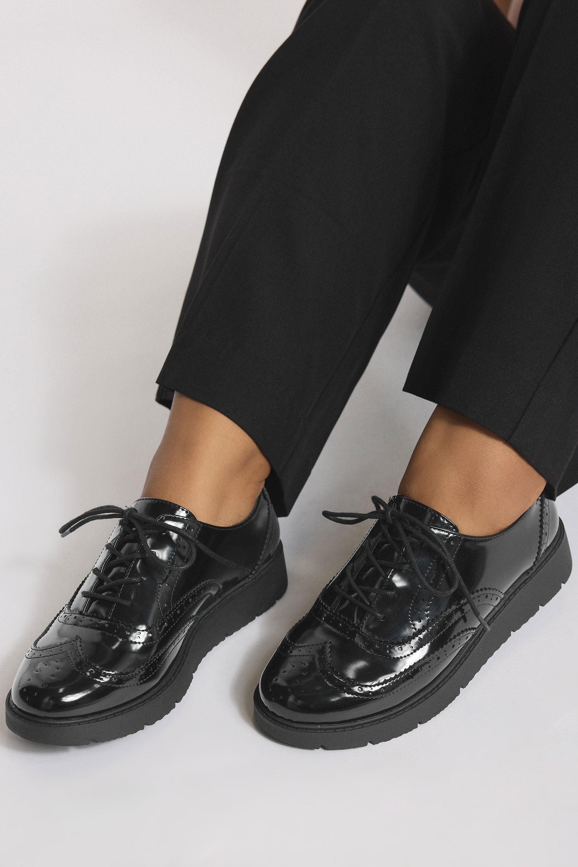 Black Patent Lace Up Brogue Flats In Extra Wide EEE Fit | Yours Clothing 1