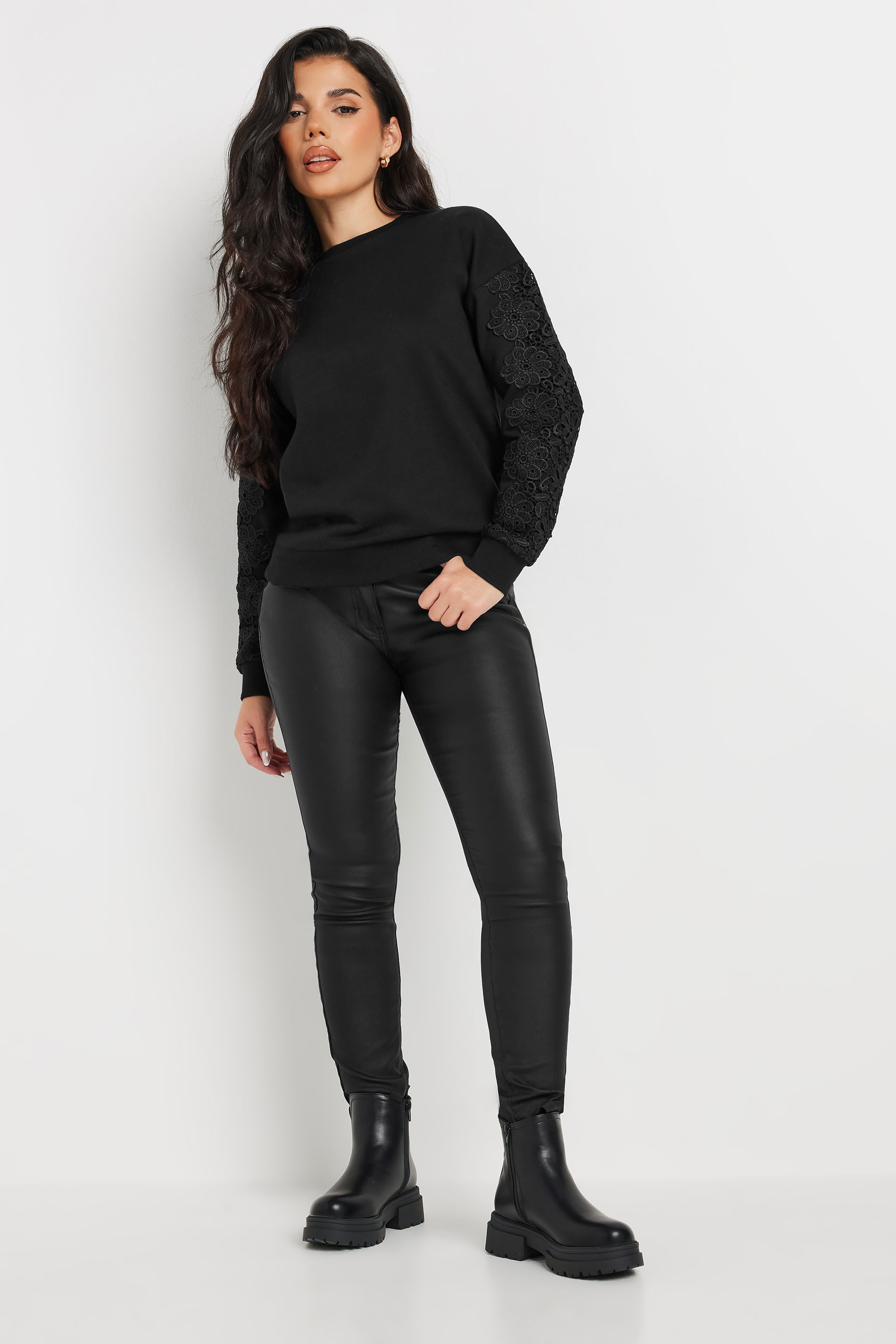 PixieGirl Petite Women's Black Crochet Sleeve Sweatshirt | PixieGirl 3