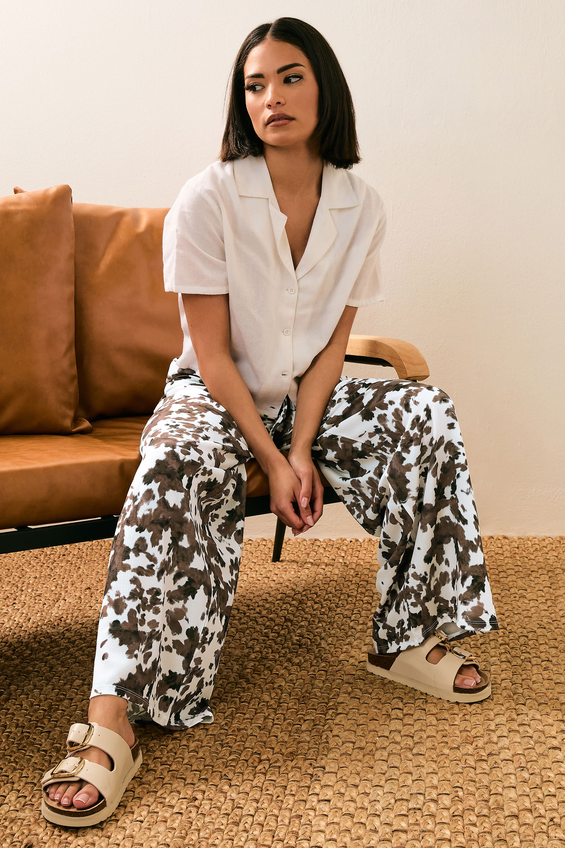 PixieGirl Petite Women's Brown Cow Print Wide Leg Trousers | PixieGirl 2