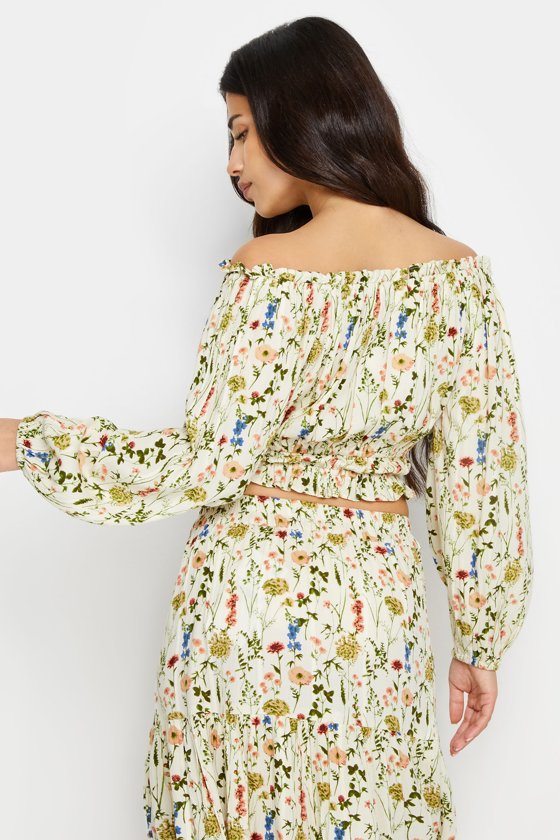PixieGirl Petite Womens Cream Floral Print Bardot Top | PixieGirl  6