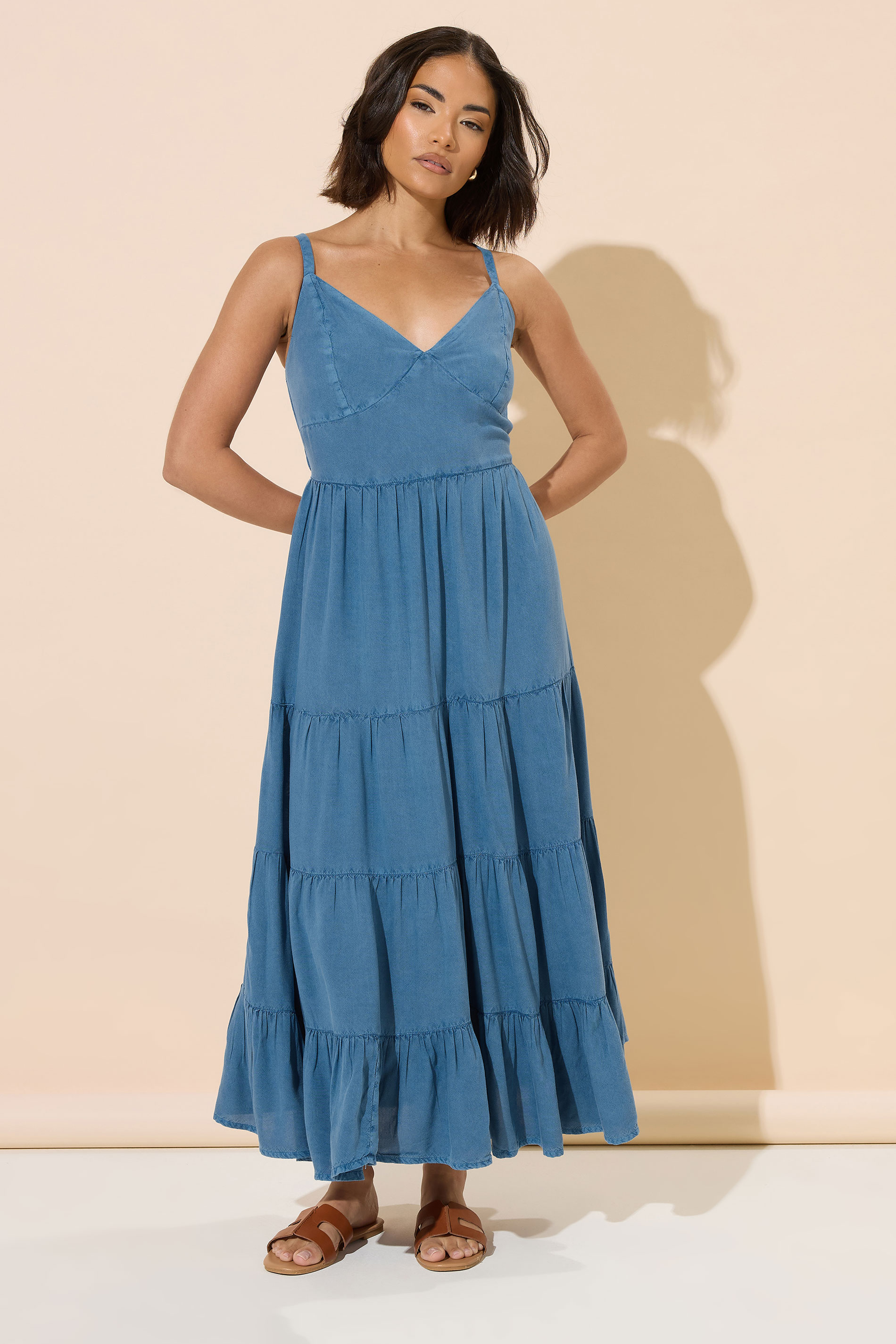 PixieGirl Petite Women's Blue Acid Wash Tie Back Tiered Dress | PixieGirl 1