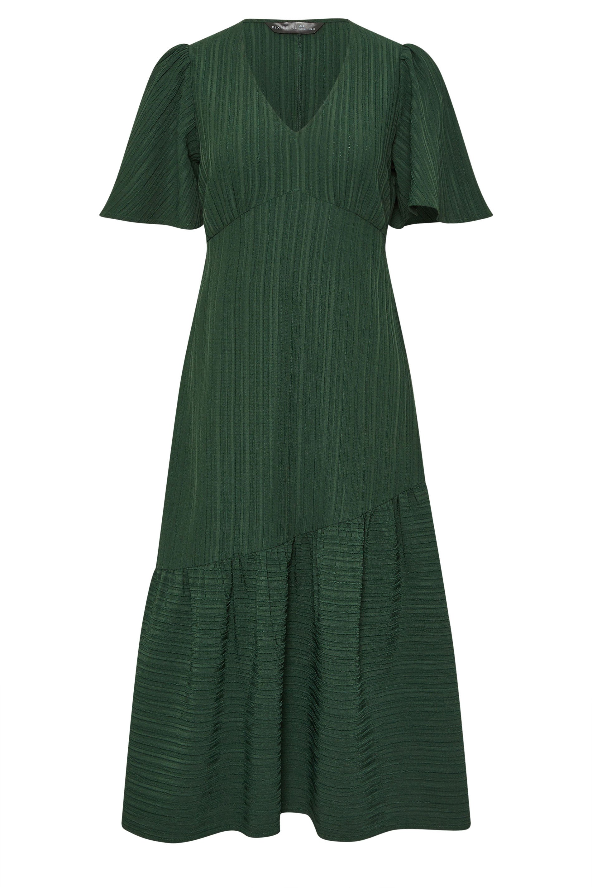 PixieGirl Petite Women's Dark Green Crinkle Tiered Midi Dress | PixieGirl 1