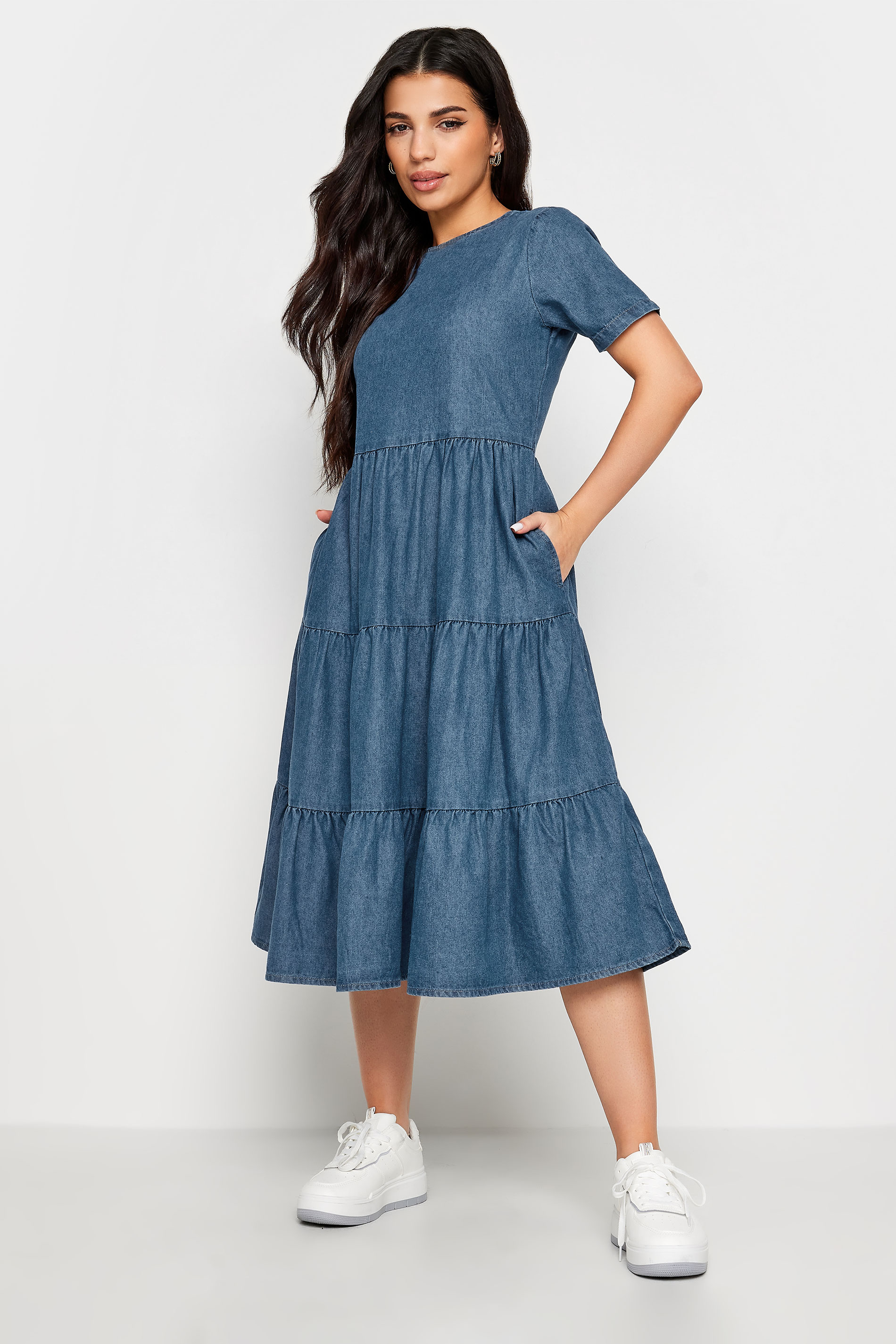 PixieGirl Petite Womens Blue Denim Tiered Midi Dress | PixieGirl 2