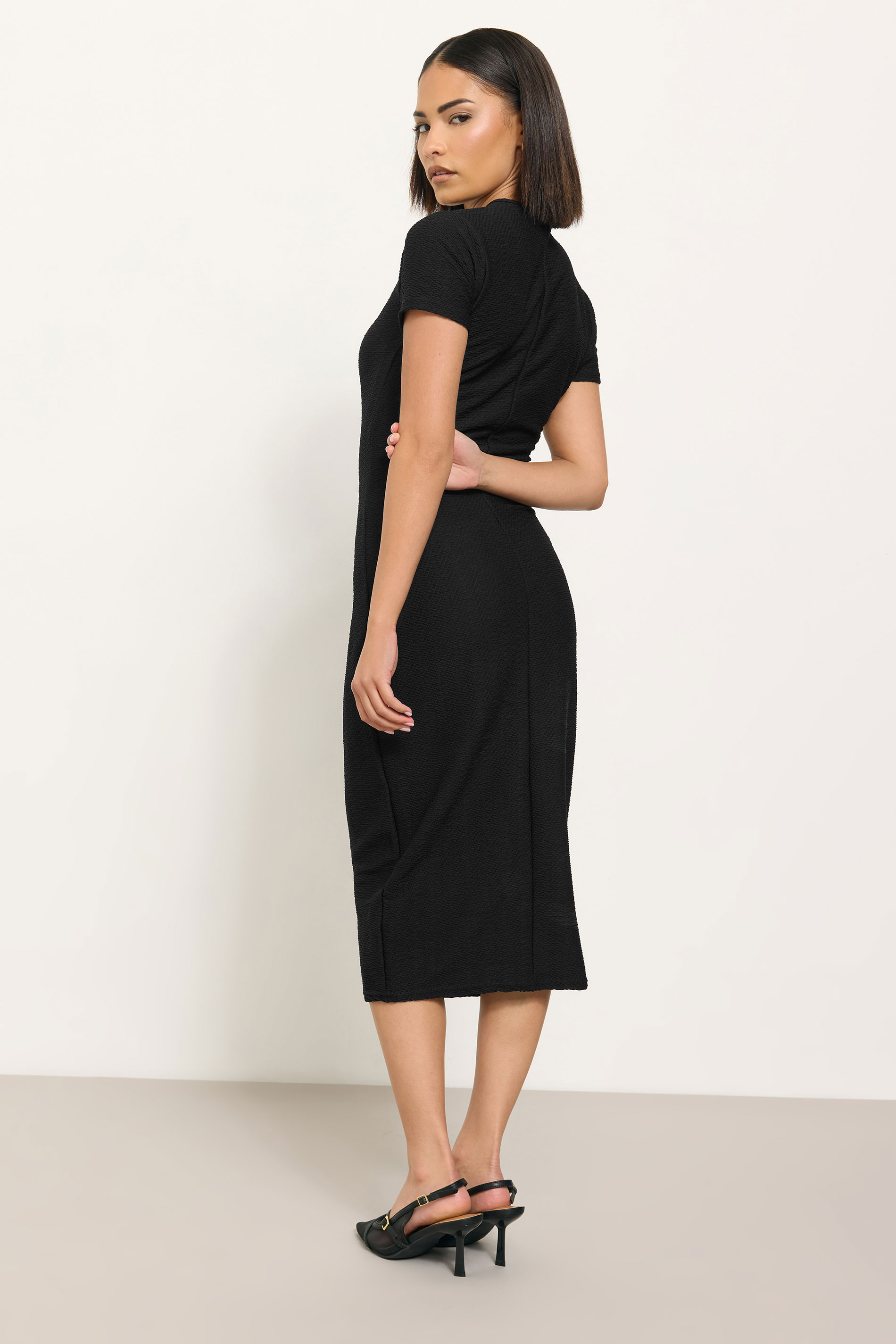 Petite Black Twist Neck Textured Midi Dress | PixieGirl 3