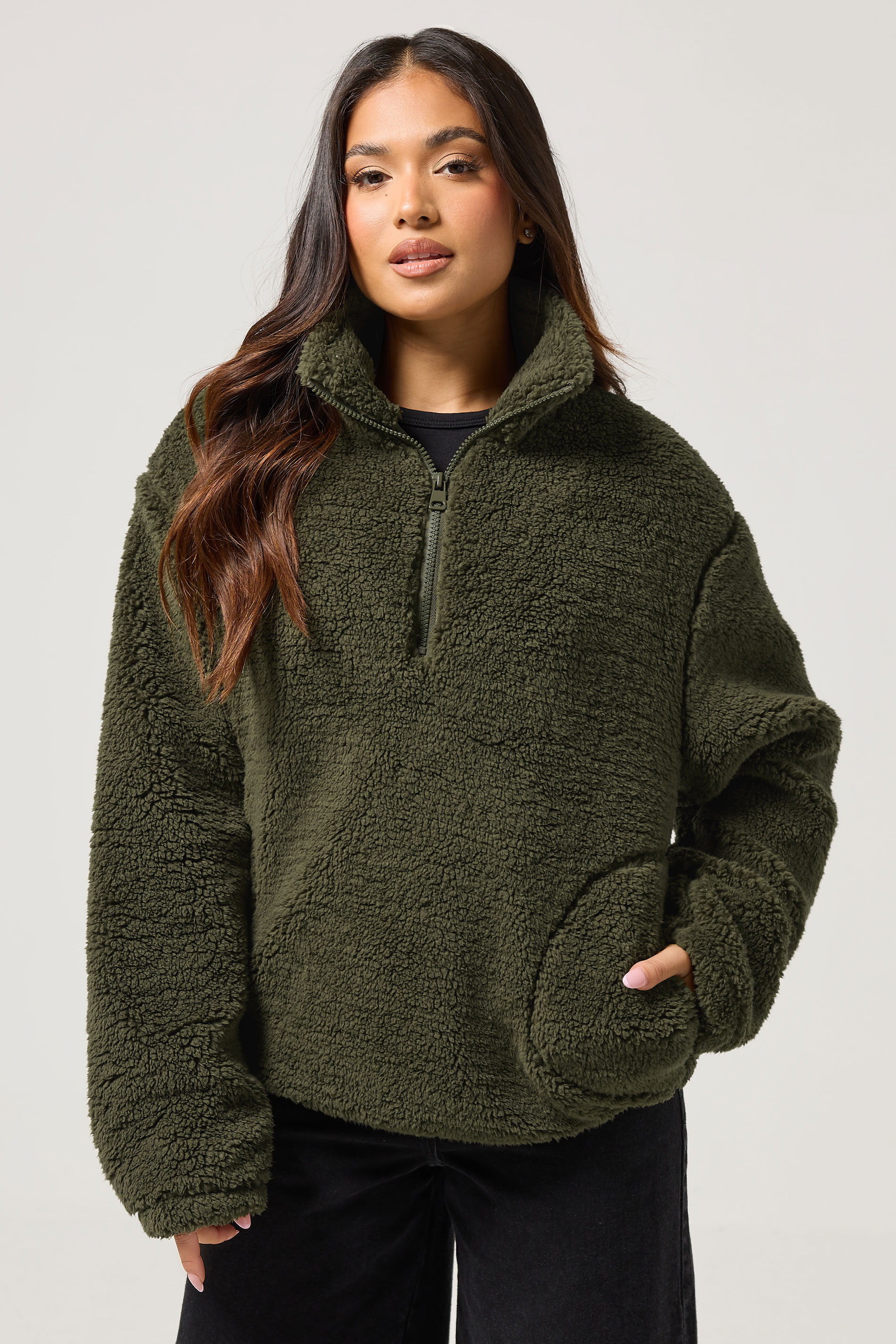 PixieGirl Petite Women's Khaki Green Half Zip Fleece Jacket | PixieGirl 2