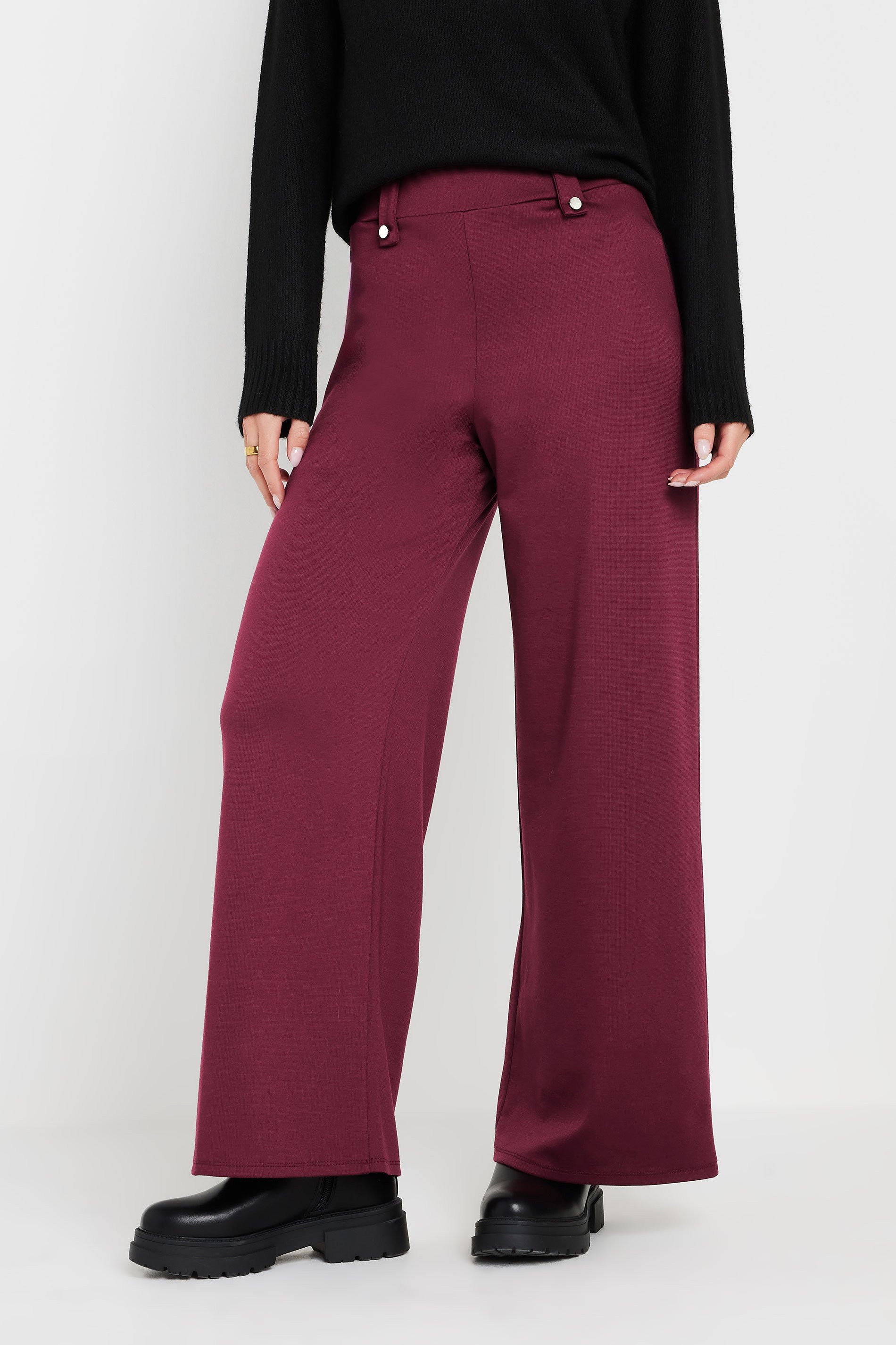 PixieGirl Petite Women's Burgundy Red Tailored Tab Wide Leg Trousers | PixieGirl 3
