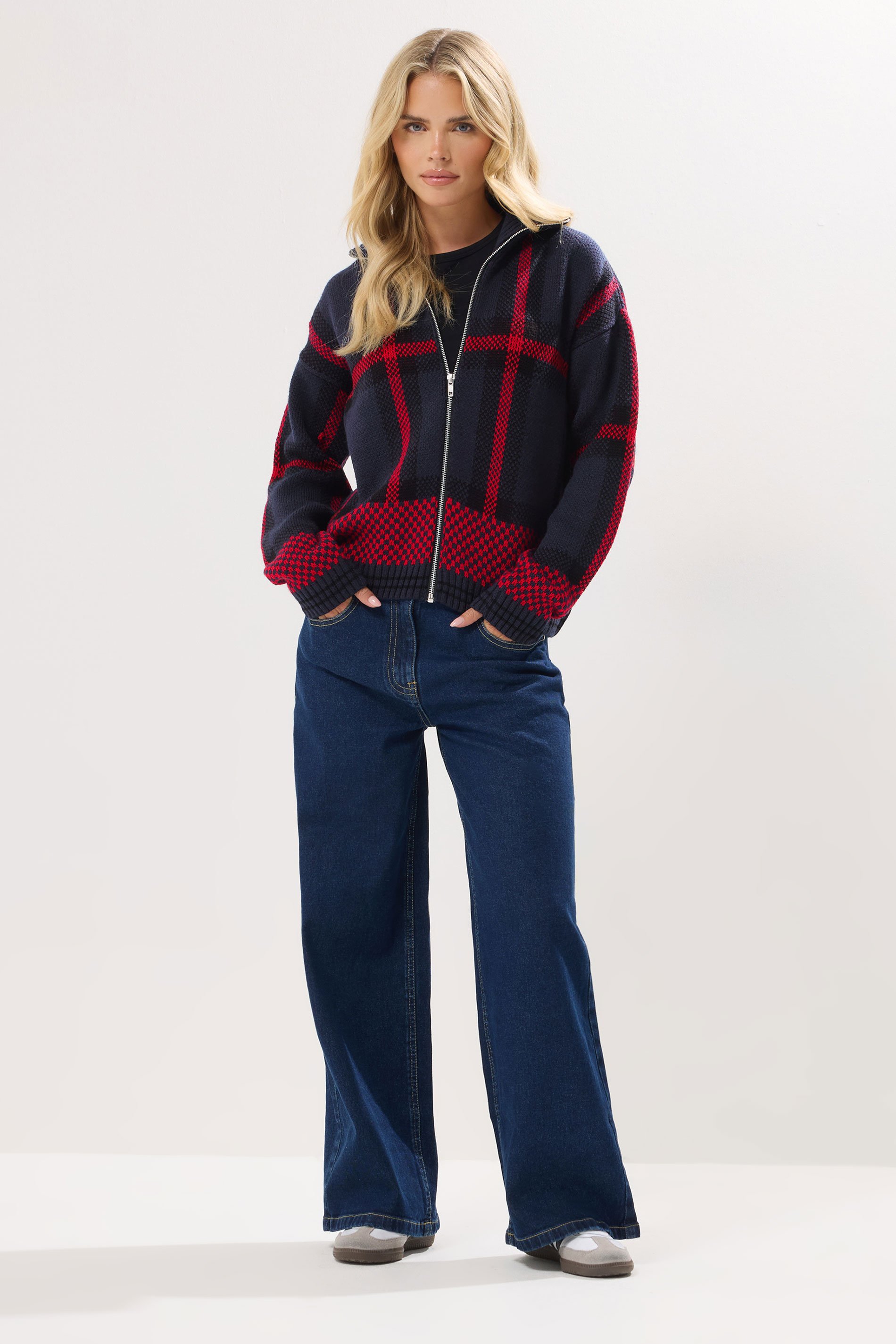 PixieGirl Petite Women's Blue & Red Knitted Check Zip Cardigan | PixieGirl 2