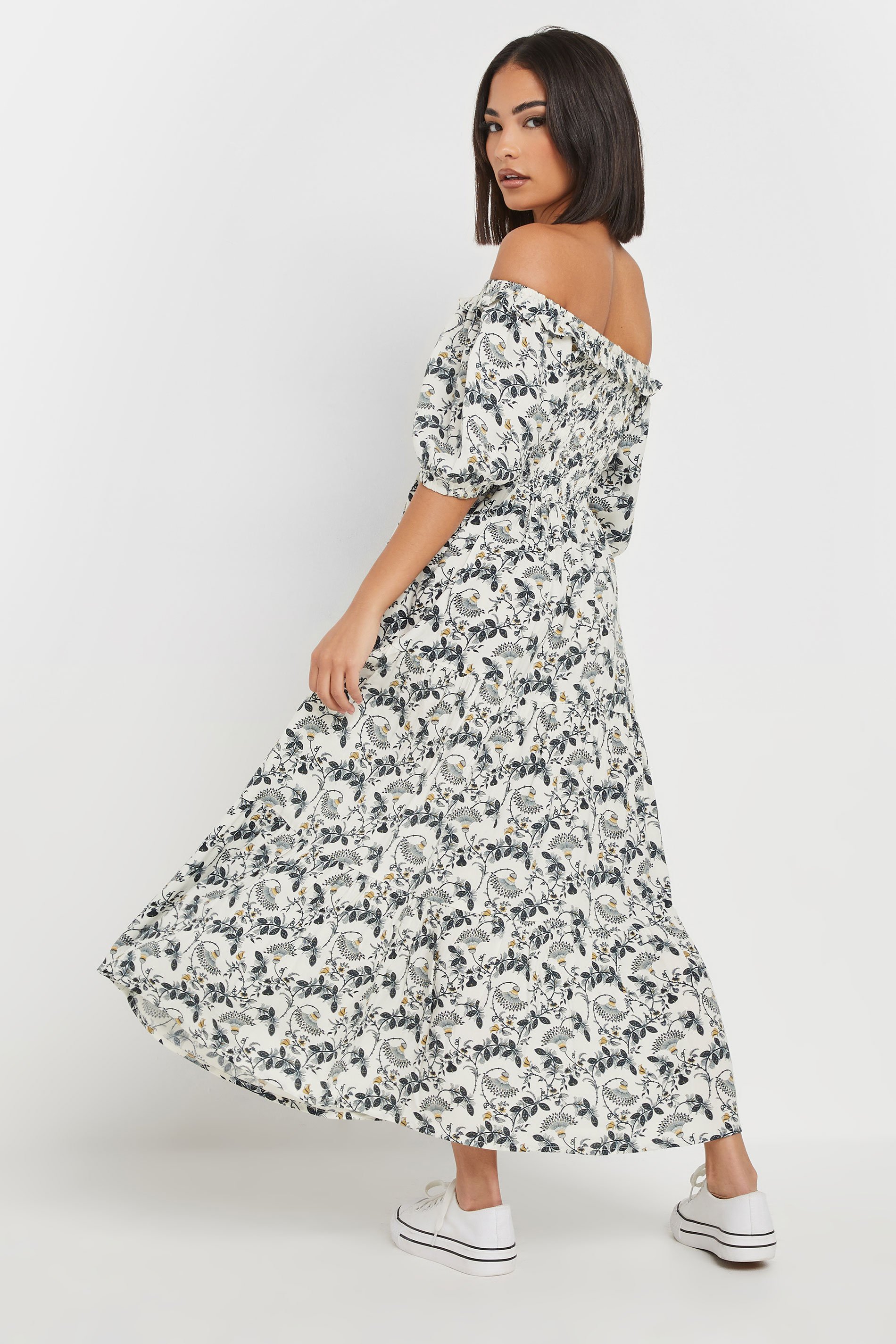 PixieGirl Petite Women's White Paisley Floral Tiered Bardot Dress | PixieGirl 3