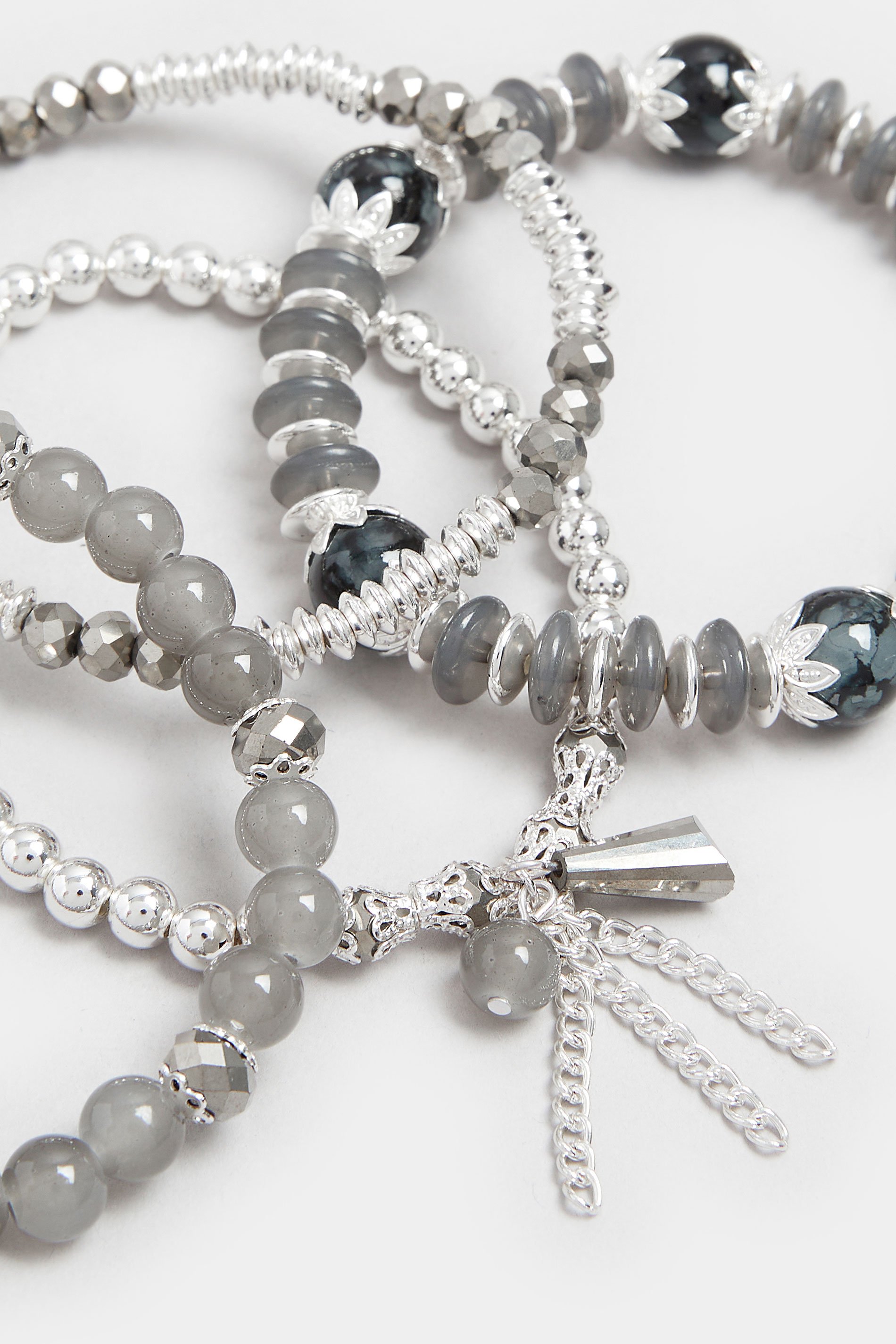 4 PACK Silver Tone Beaded Stretch Charm Bracelets | Yours Clothing 3