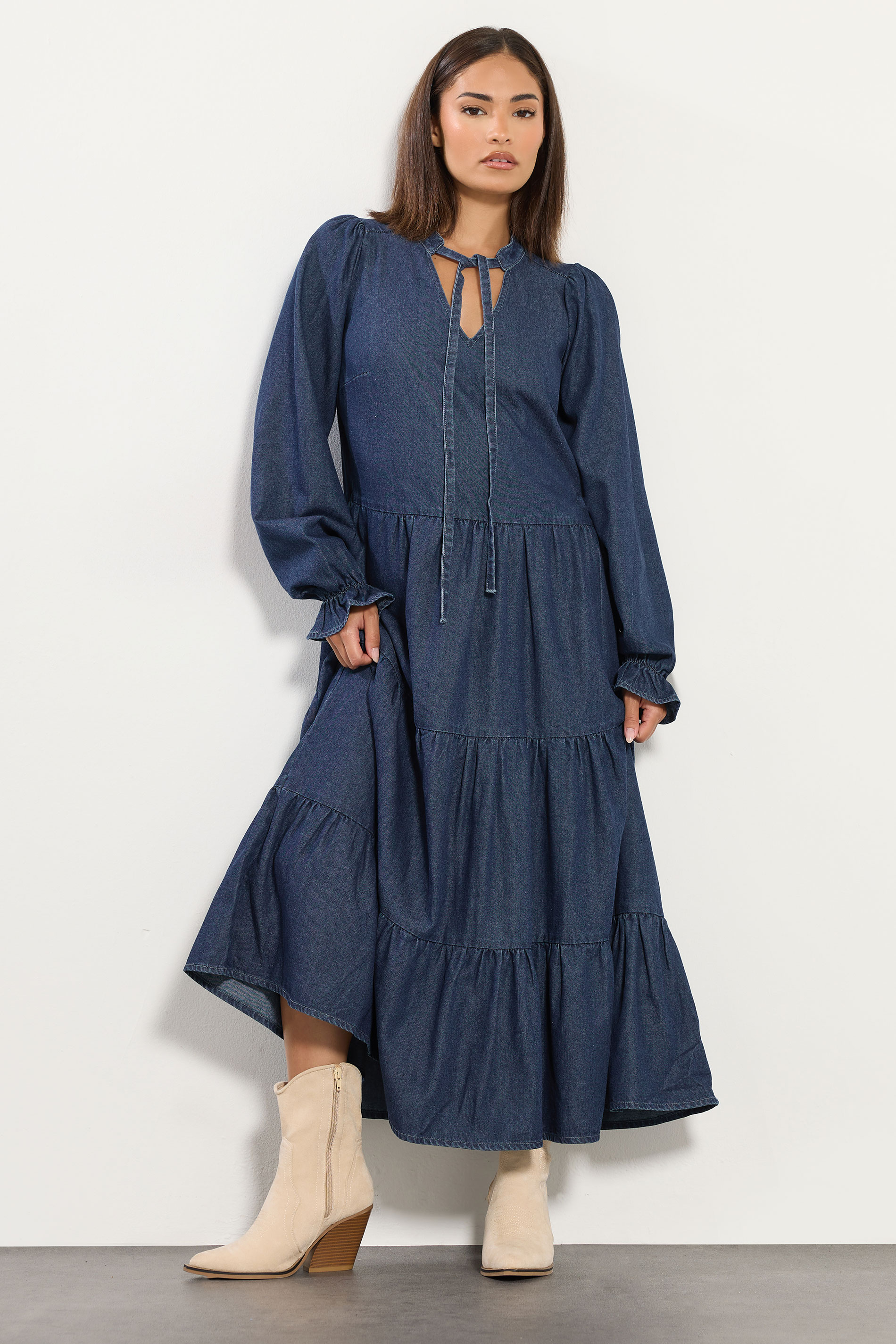 PixieGirl Petite Women's Dark Blue Tie Neck Tiered Dress | PixieGirl 2