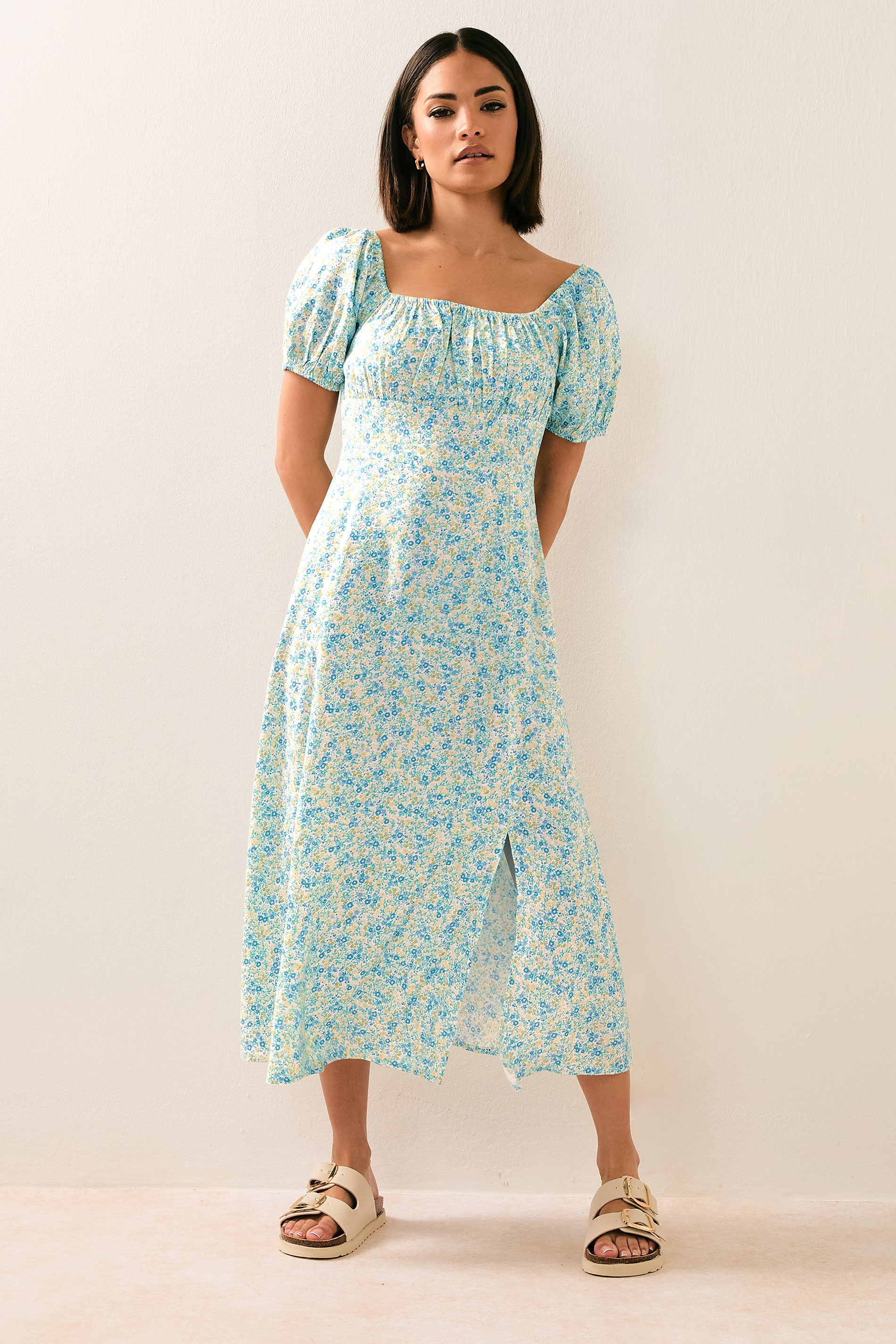 PixieGirl Petite Women's Blue Ditsy Floral Puff Sleeve Midi Dress | PixieGirl 3