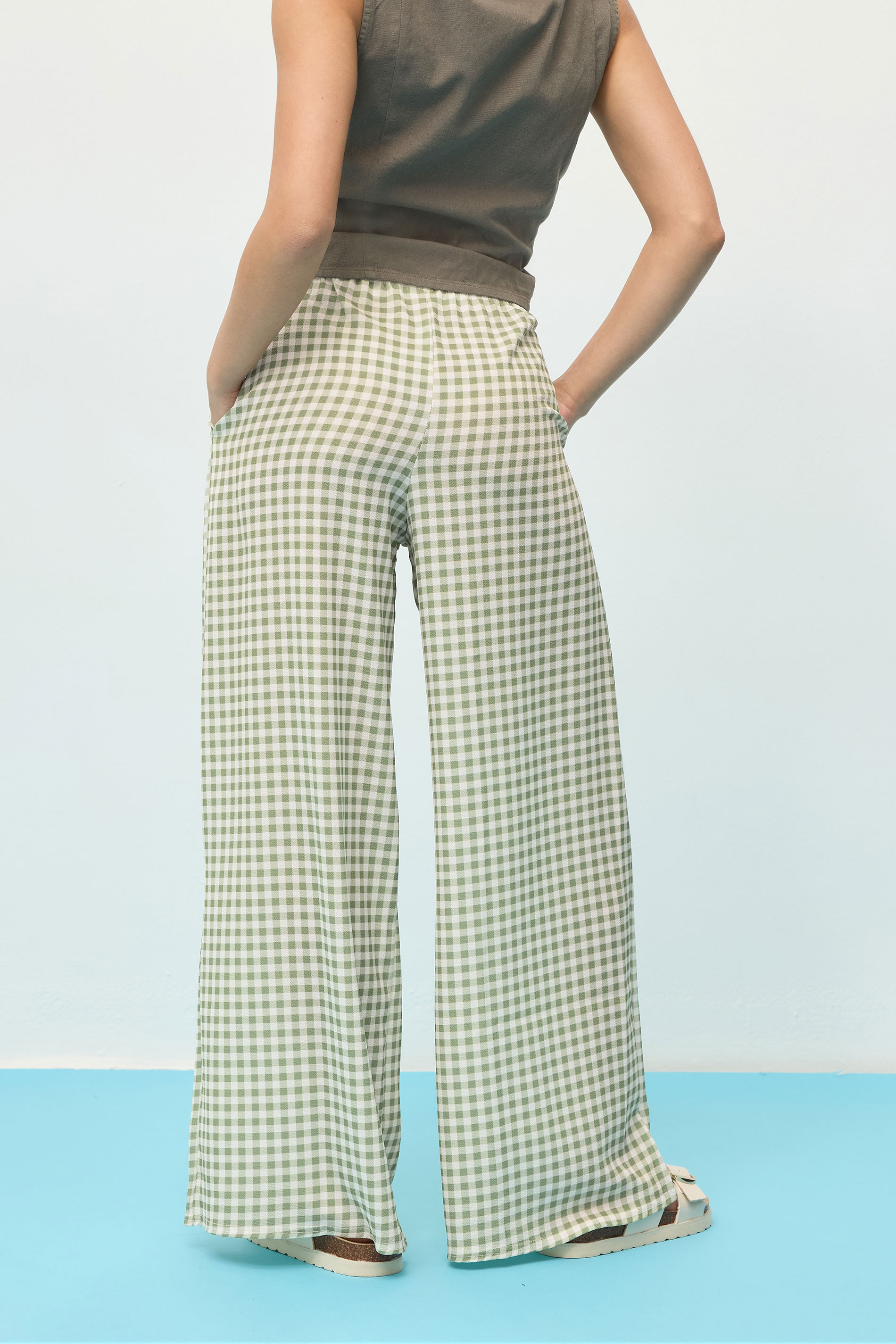 PixieGirl Petite Women's Sage Green Gingham Wide Leg Trousers | PixieGirl 4