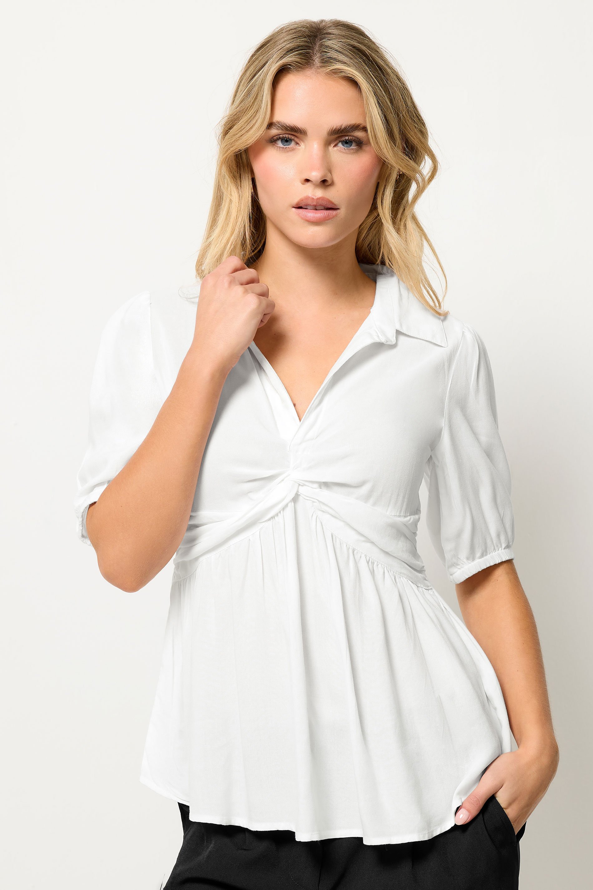 PixieGirl Petite Women's White Woven Twist Front Top | PixieGirl 1
