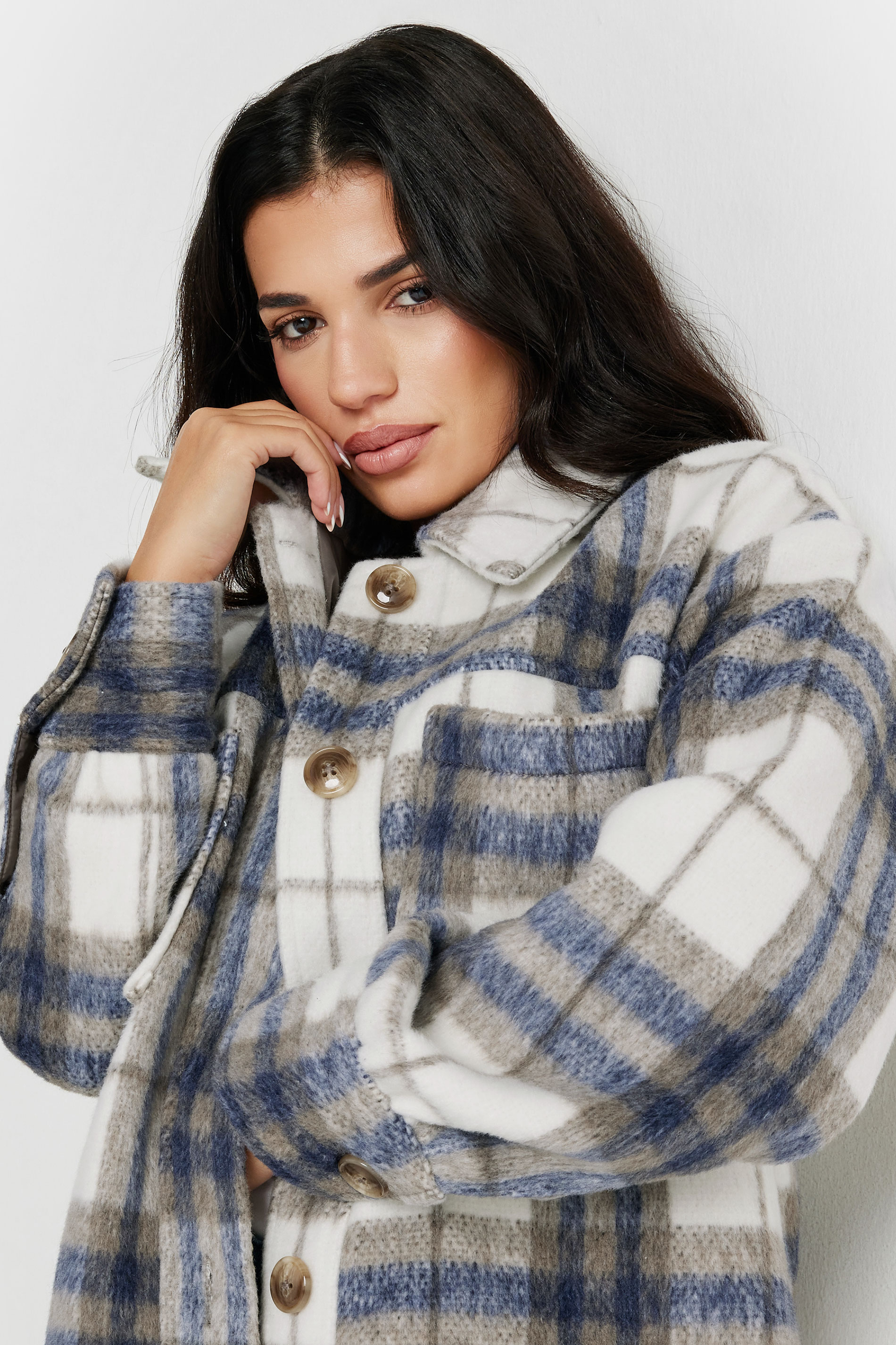 PixieGirl Petite Women's Blue Blurred Check Print Longline Shacket | PixieGirl 6