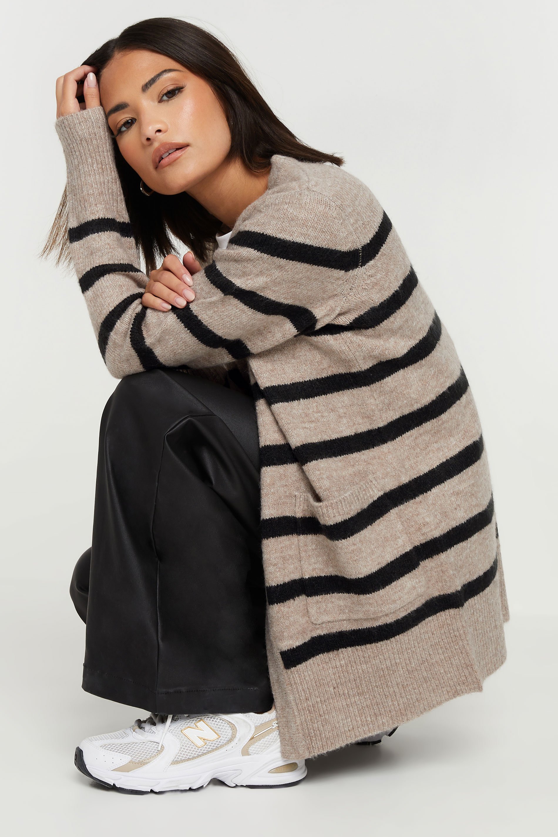 PixieGirl Beige Brown & Black Stripe Midi Cardigan | PixieGirl  4