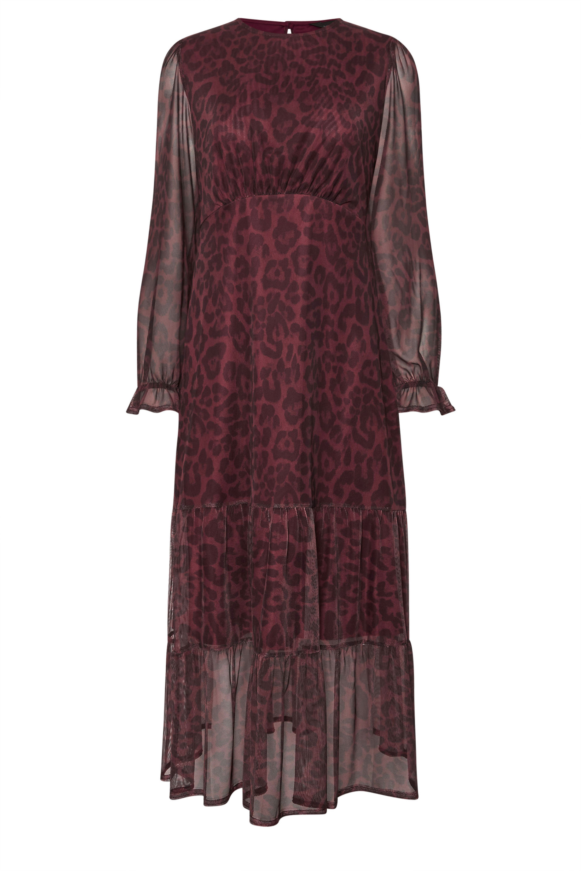 PixieGirl Petite Women's Burgundy Red Leopard Print Mesh Tiered Dress | PixieGirl 5