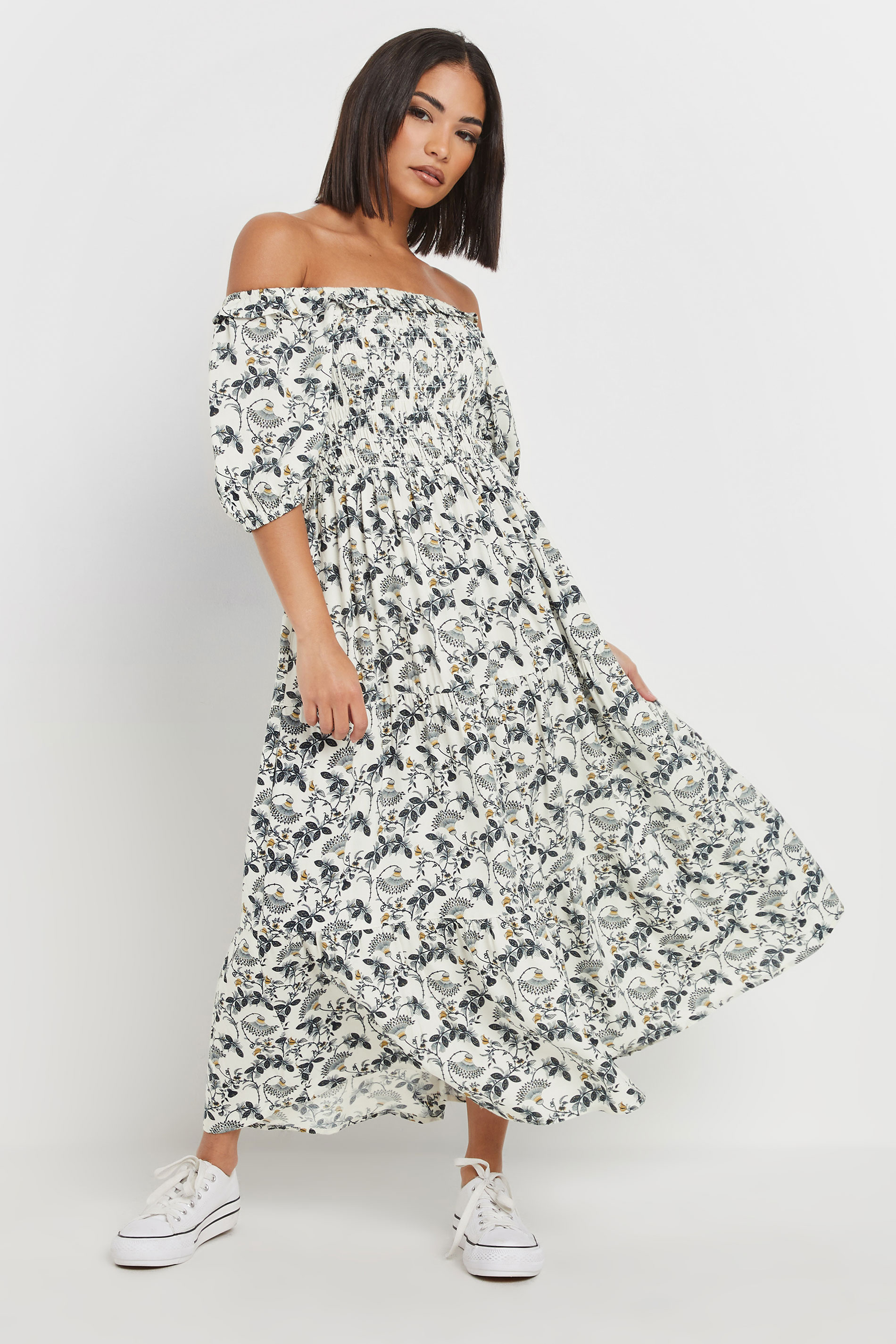 PixieGirl Petite Women's White Paisley Floral Tiered Bardot Dress | PixieGirl 1