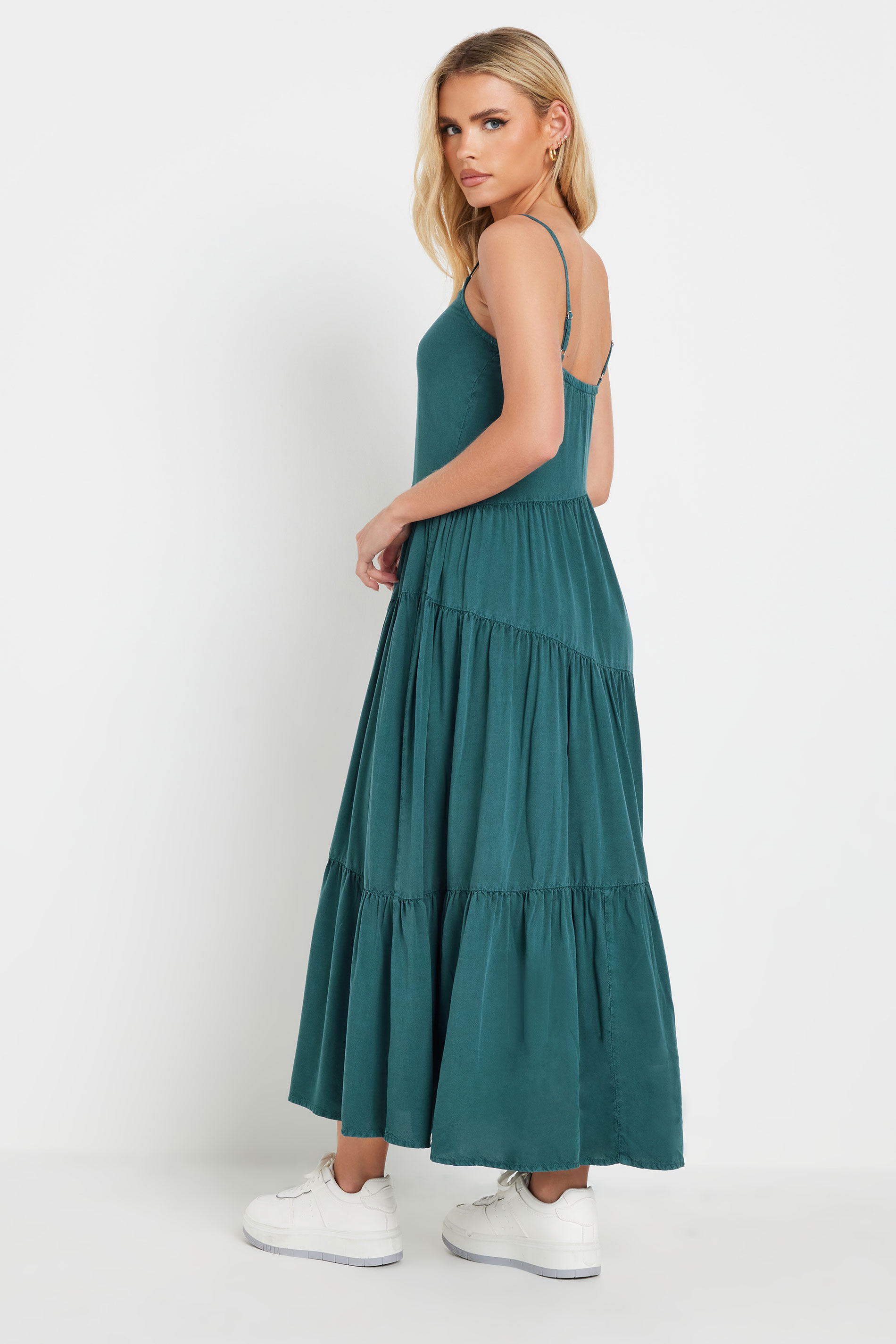PixieGirl Petite Women's Teal Green Acid Wash Asymmetric Tiered Maxi Dress | PixieGirl 5