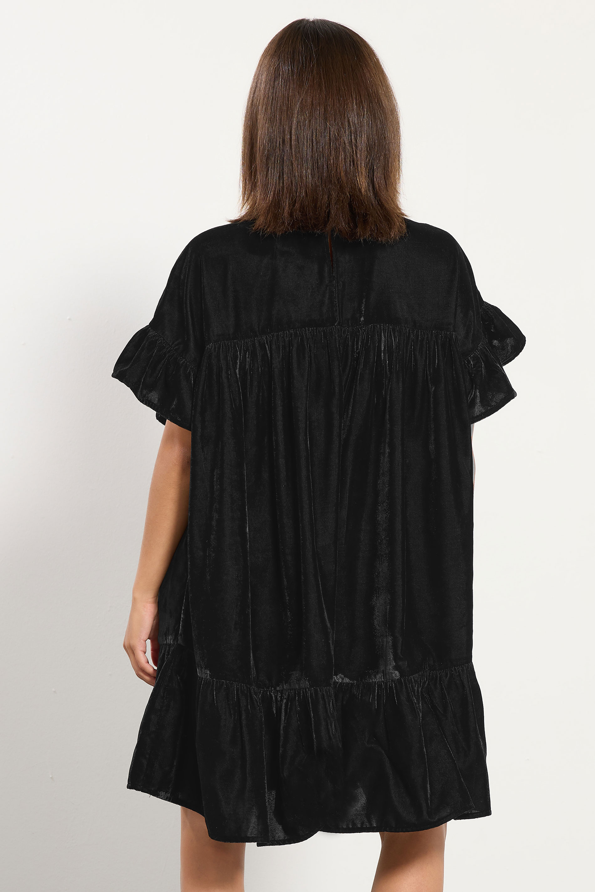 PixieGirl Petite Women's Black Velvet Frill Smock Mini Dress | PixieGirl 3