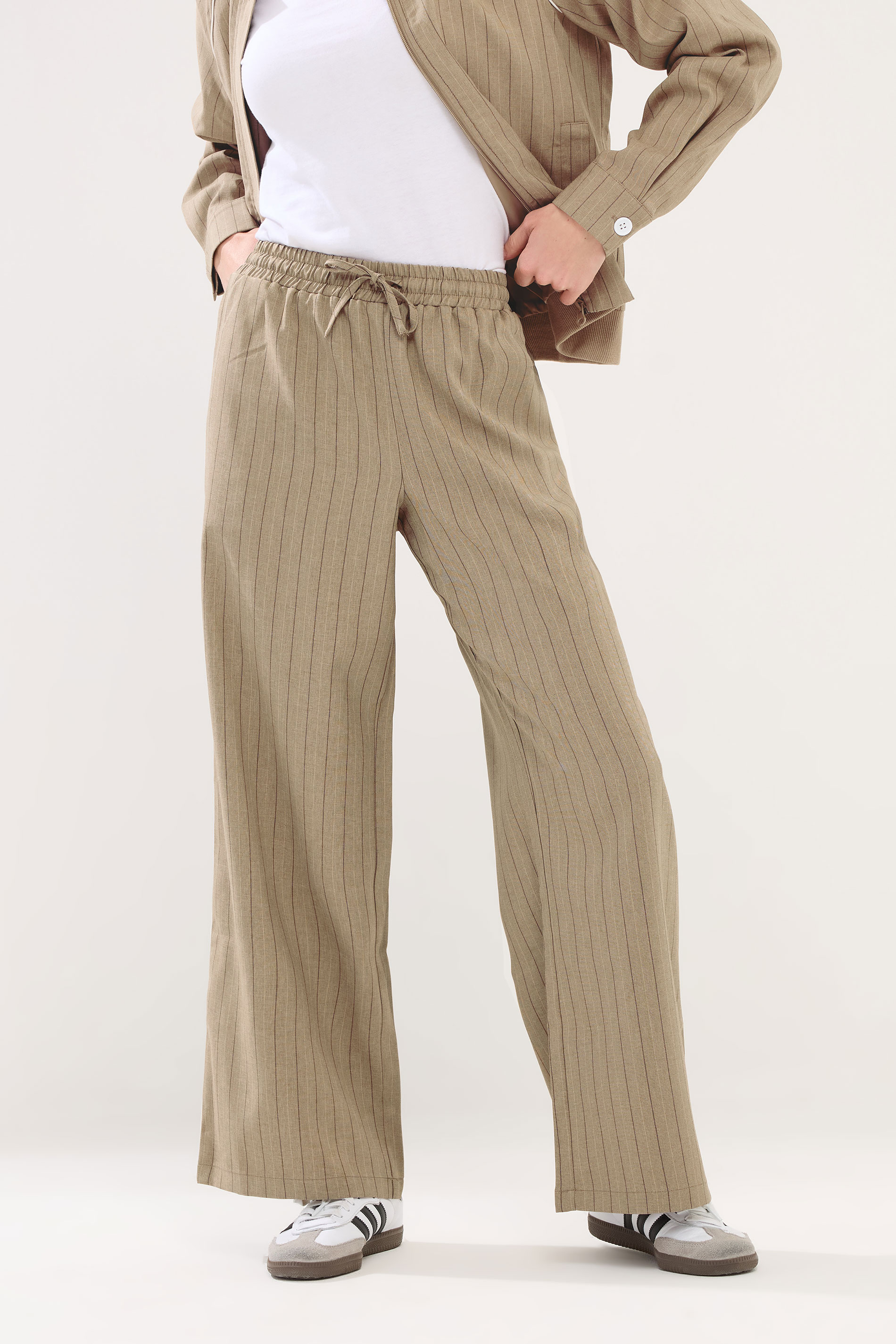 PixieGirl Petite Women's Natural Brown Stripe Pull On Wide Leg Trousers | PixieGirl 2