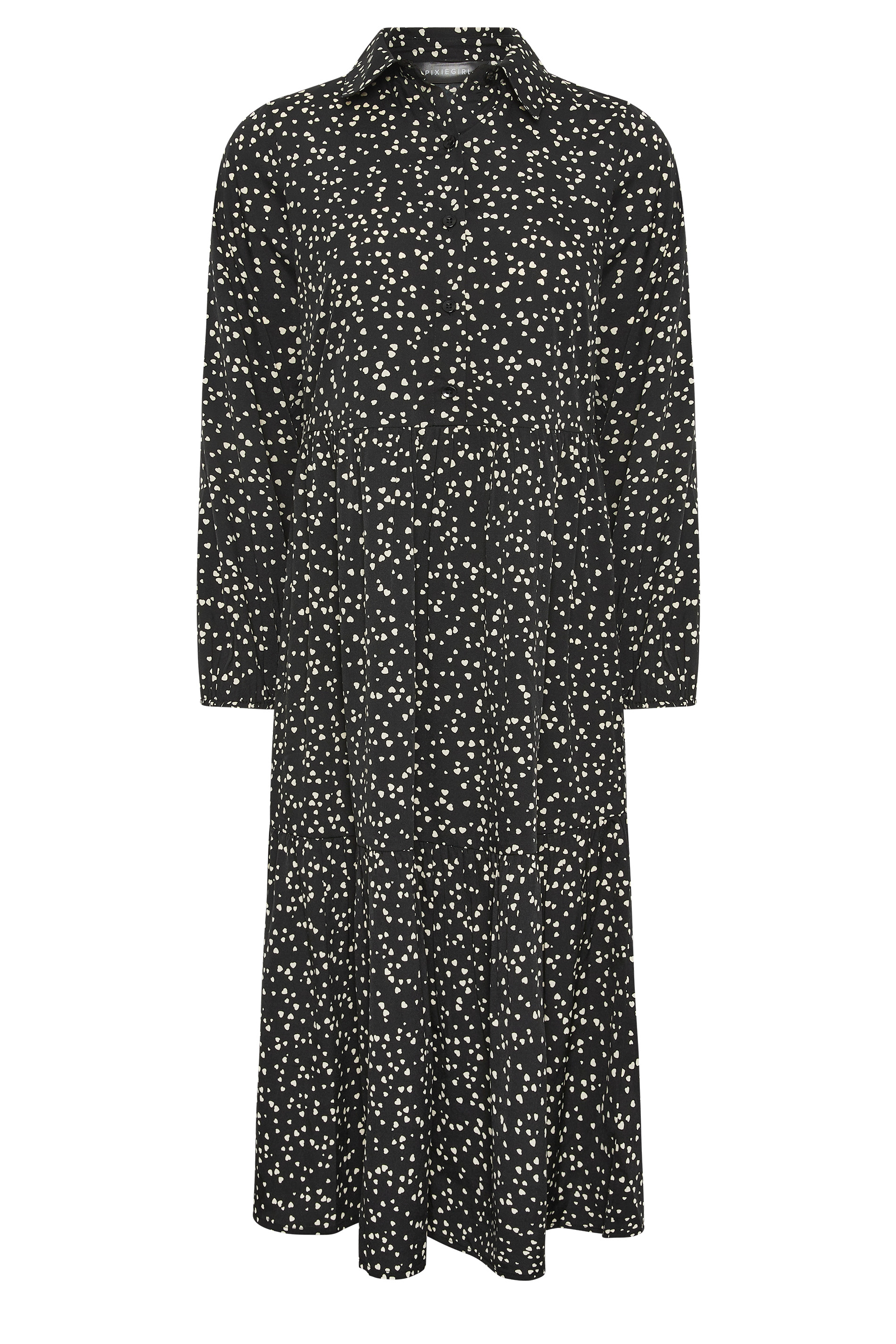 PixieGirl Petite Womens Black Heart Print Tiered Midi Dress | PixieGirl 5