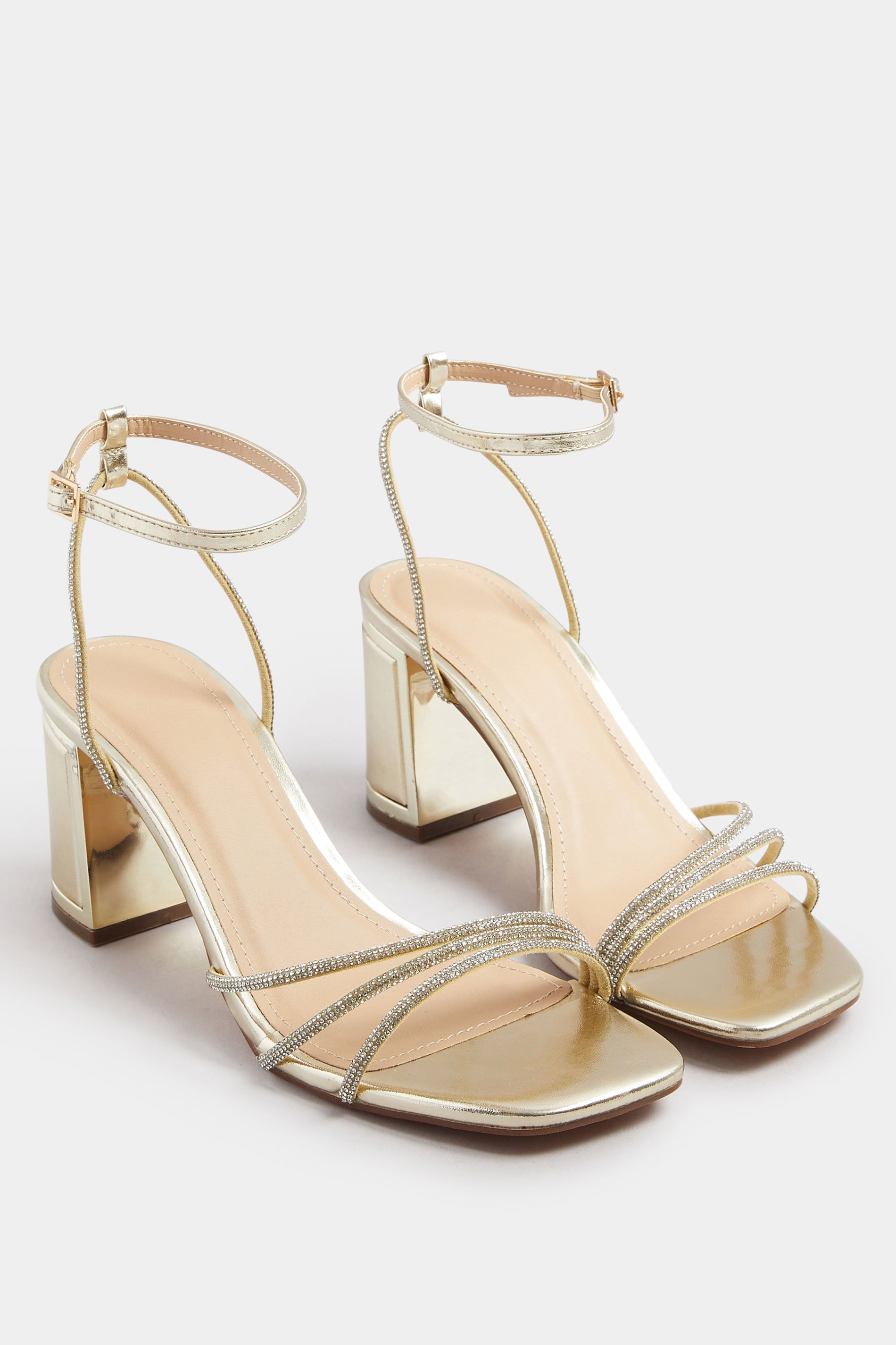 Gold Asymmetric Diamante Block Heel Sandals In Standard Fit | Yours Clothing 2